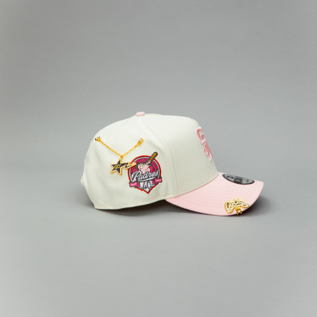 NEW ERA EXCLUSIVE 9FIFTY A-FRAME CHROME/ PINK SAN DIEGO PADRES SNAPBACK W/ ROSES + 40TH ANNIVERSARY SIDE PATCH