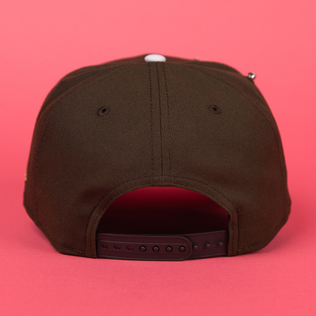 NEW ERA EXCLUSIVE 9FIFTY BROWN UPSIDE DOWN ANAHEIM ANGELS SNAPBACK W/ 50TH ANNIVERSARY SIDE PATCH