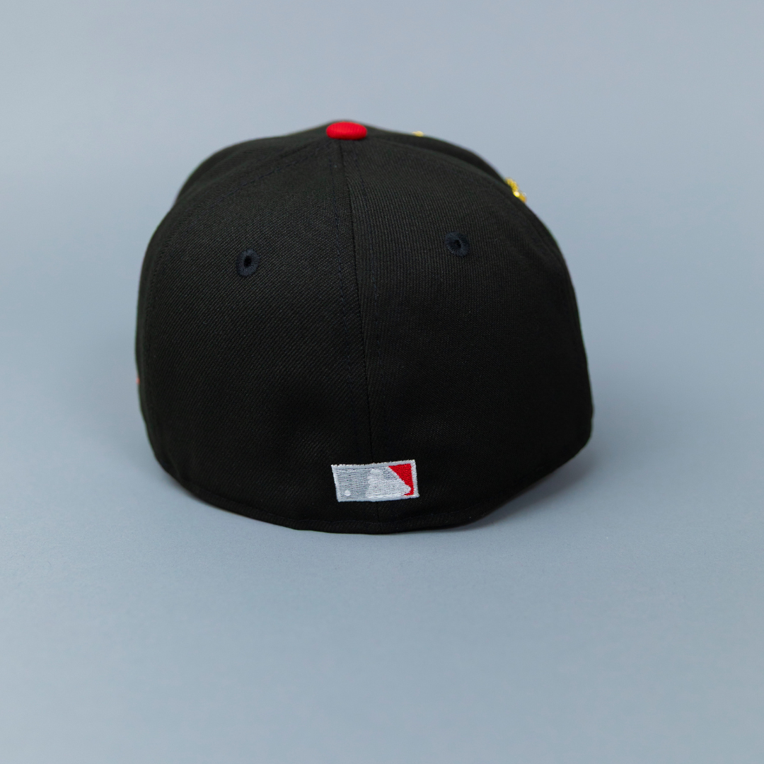 NEW ERA EXCLUSIVE 59FIFTY BLACK/ RED UPSIDE DOWN LOS ANGELES DODGERS W/ 40TH ANNIVERSARY SIDE PATCH