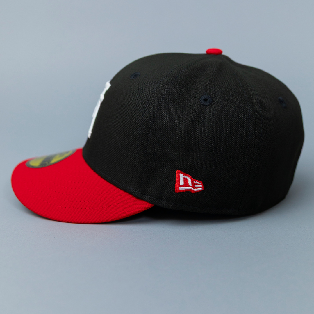 NEW ERA EXCLUSIVE 59FIFTY BLACK/ RED UPSIDE DOWN LOS ANGELES DODGERS W/ 40TH ANNIVERSARY SIDE PATCH