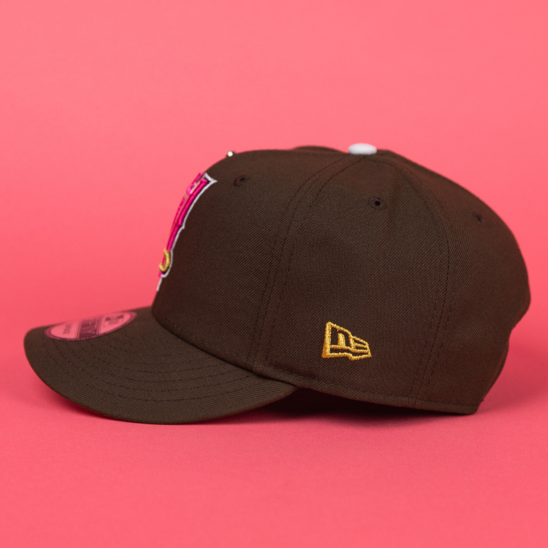 NEW ERA EXCLUSIVE 9FIFTY BROWN UPSIDE DOWN ANAHEIM ANGELS SNAPBACK W/ 50TH ANNIVERSARY SIDE PATCH