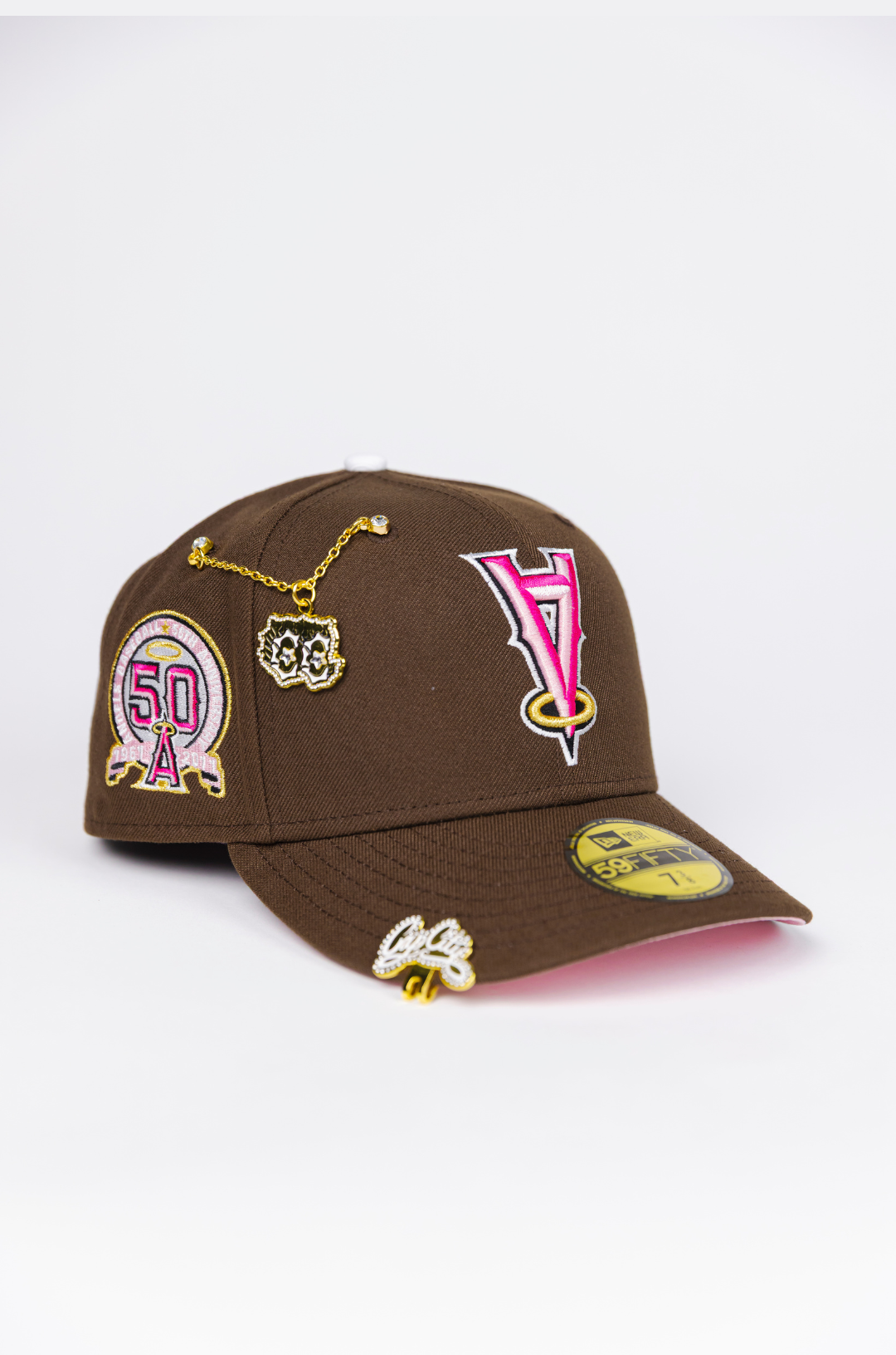 NEW ERA EXCLUSIVE 59FIFTY BROWN UPSIDE DOWN ANAHEIM ANGELS W/ 50TH ANNIVERSARY SIDE PATCH