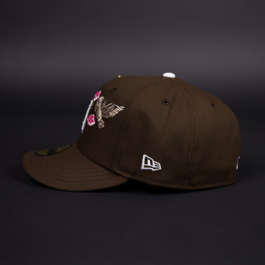 NEW ERA EXCLUSIVE 59FIFTY BROWN ANAHEIM ANGELS "HEAVENLY CITY" W/ 50TH ANNIVERSARY SIDE PATCH