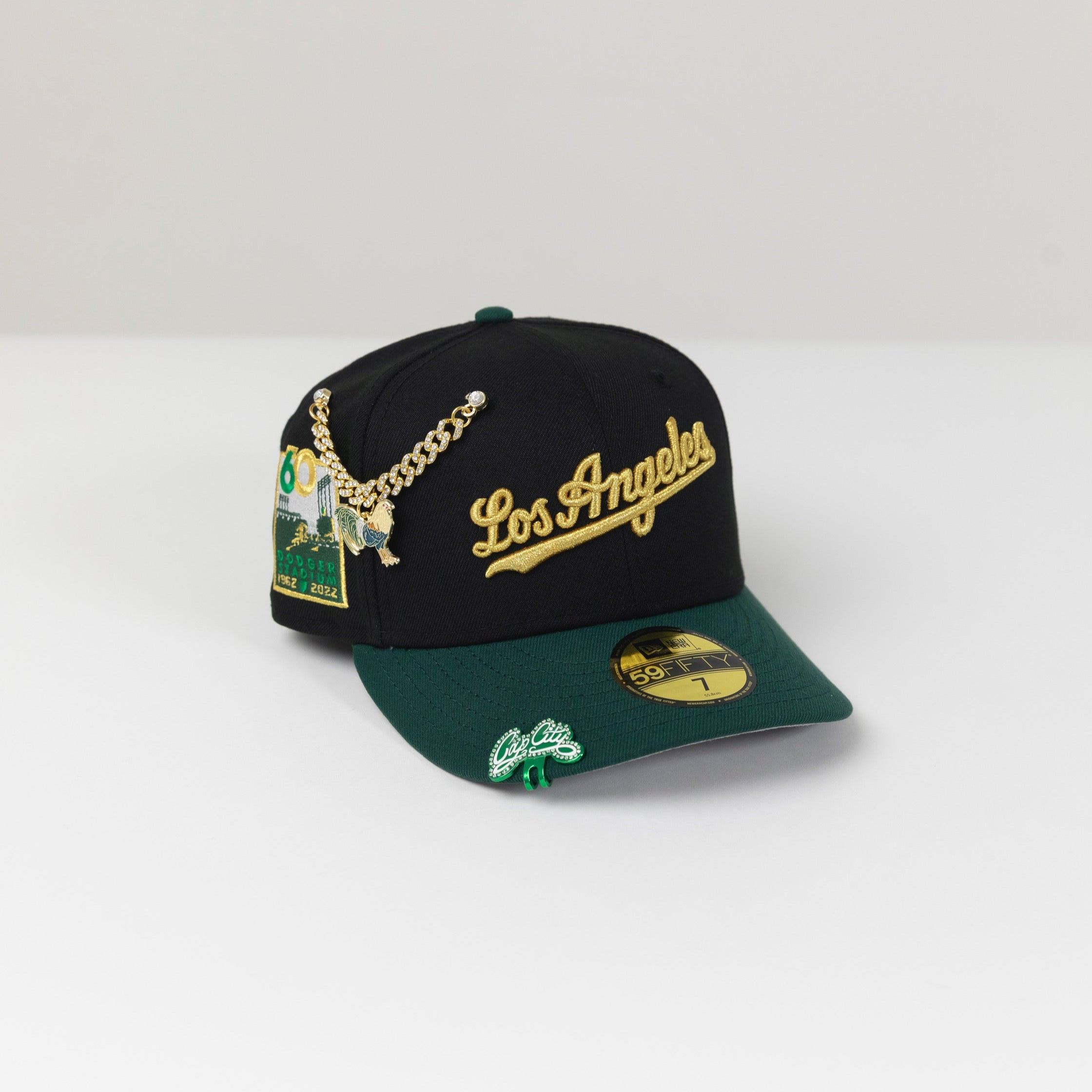 NEW ERA 59FIFTY BLACK/ FOREST GREEN LOS ANGELES DODGERS SCRIPT W/ 60TH ANNIVERSARY SIDE PATCH