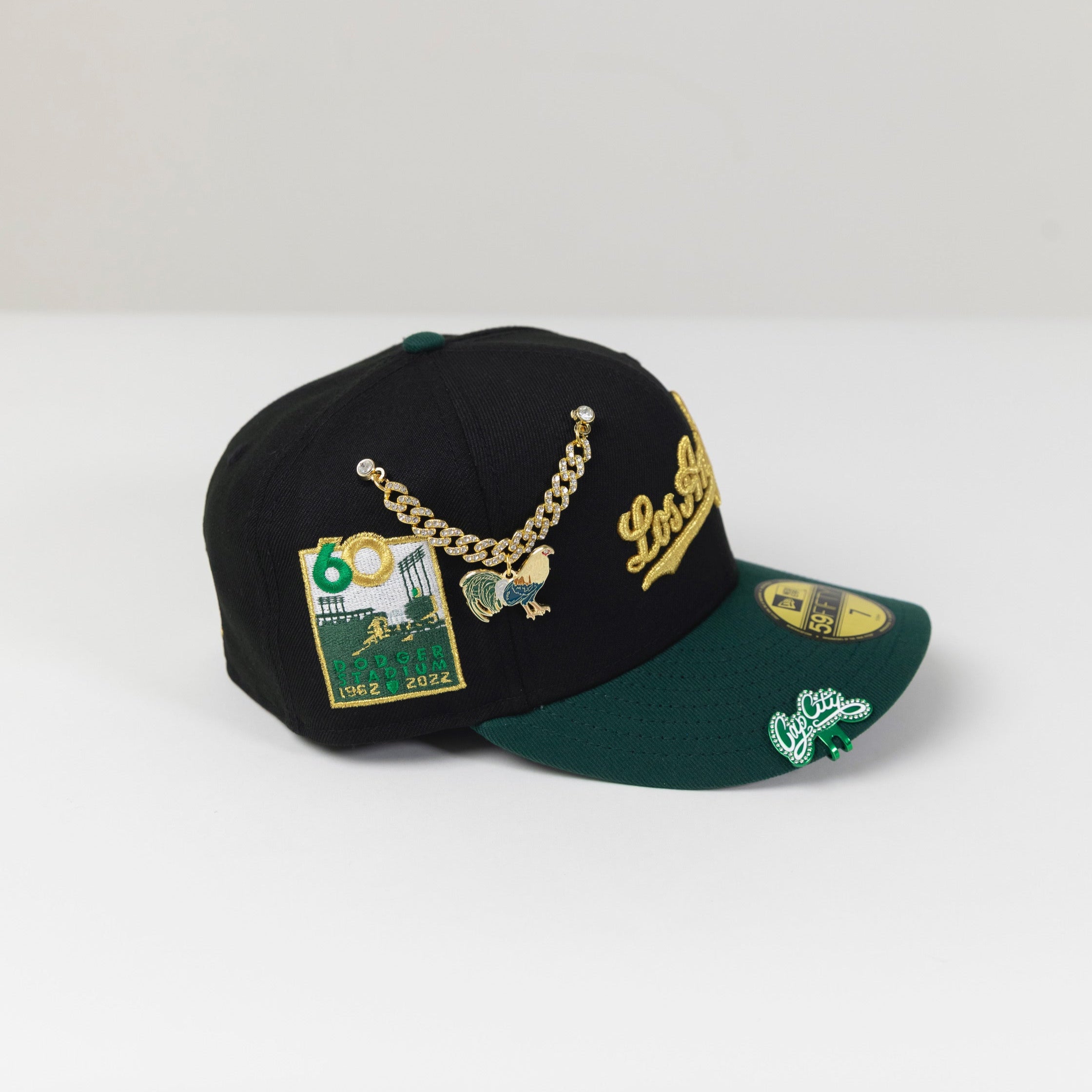 NEW ERA 59FIFTY BLACK/ FOREST GREEN LOS ANGELES DODGERS SCRIPT W/ 60TH ANNIVERSARY SIDE PATCH