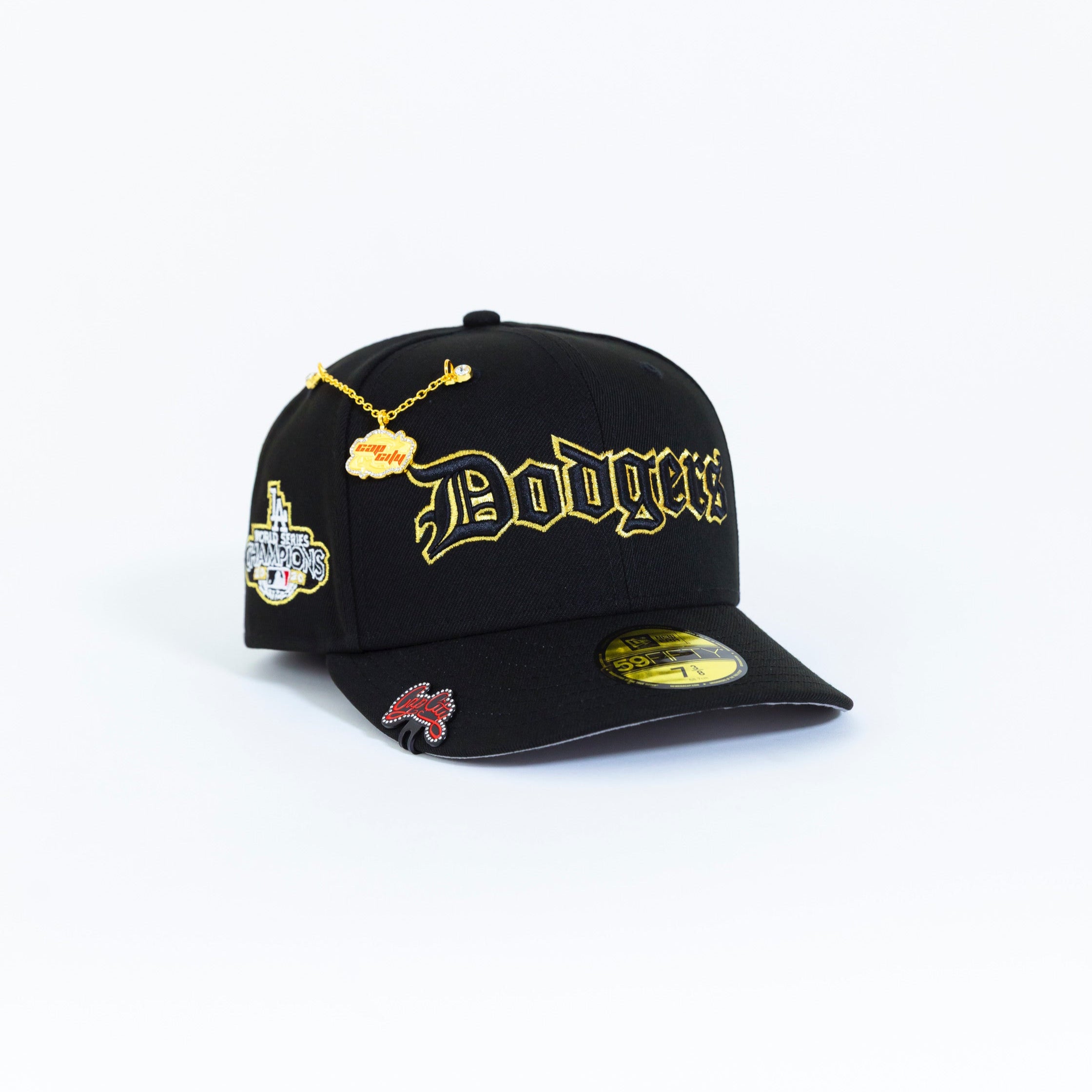 NEW ERA EXCLUSIVE 59FIFTY BLACK LOS ANGELES DODGERS SCRIPT W/ CHAMPIONS SIDE PATCH