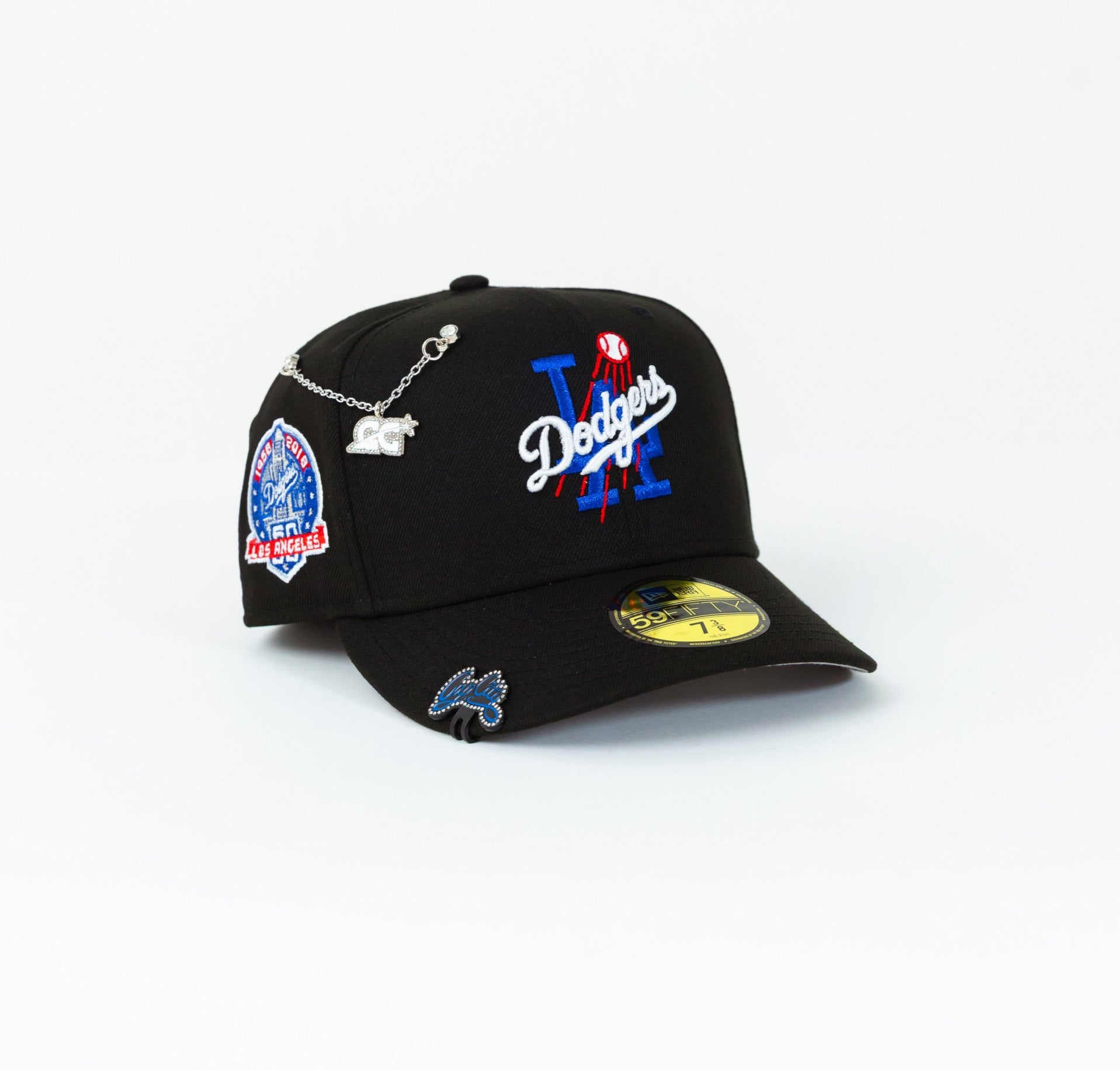 NEW ERA 59FIFTY BLACK LOS ANGELES DODGERS SCRIPT W/ 60TH ANNIVERSARY SIDE PATCH