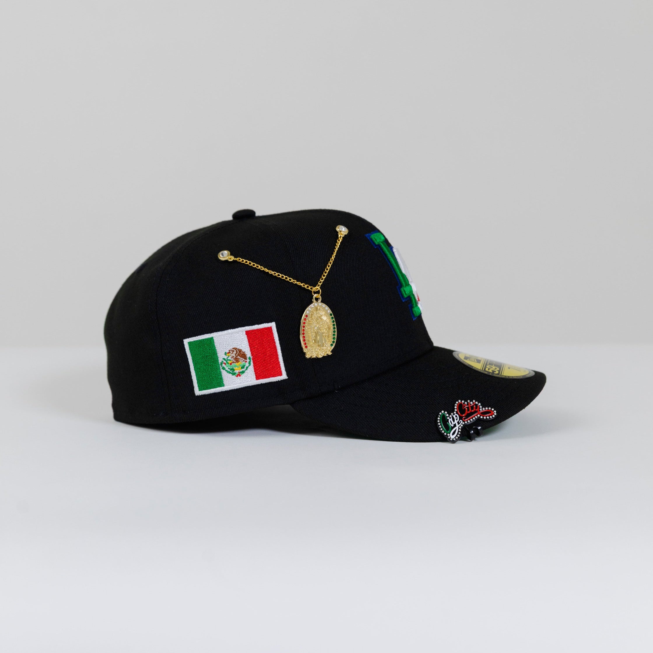 NEW ERA 59FIFTY BLACK LOS ANGELES DODGERS W/ MEXICO FLAG LOGO + MEXICO FLAG SIDE PATCH