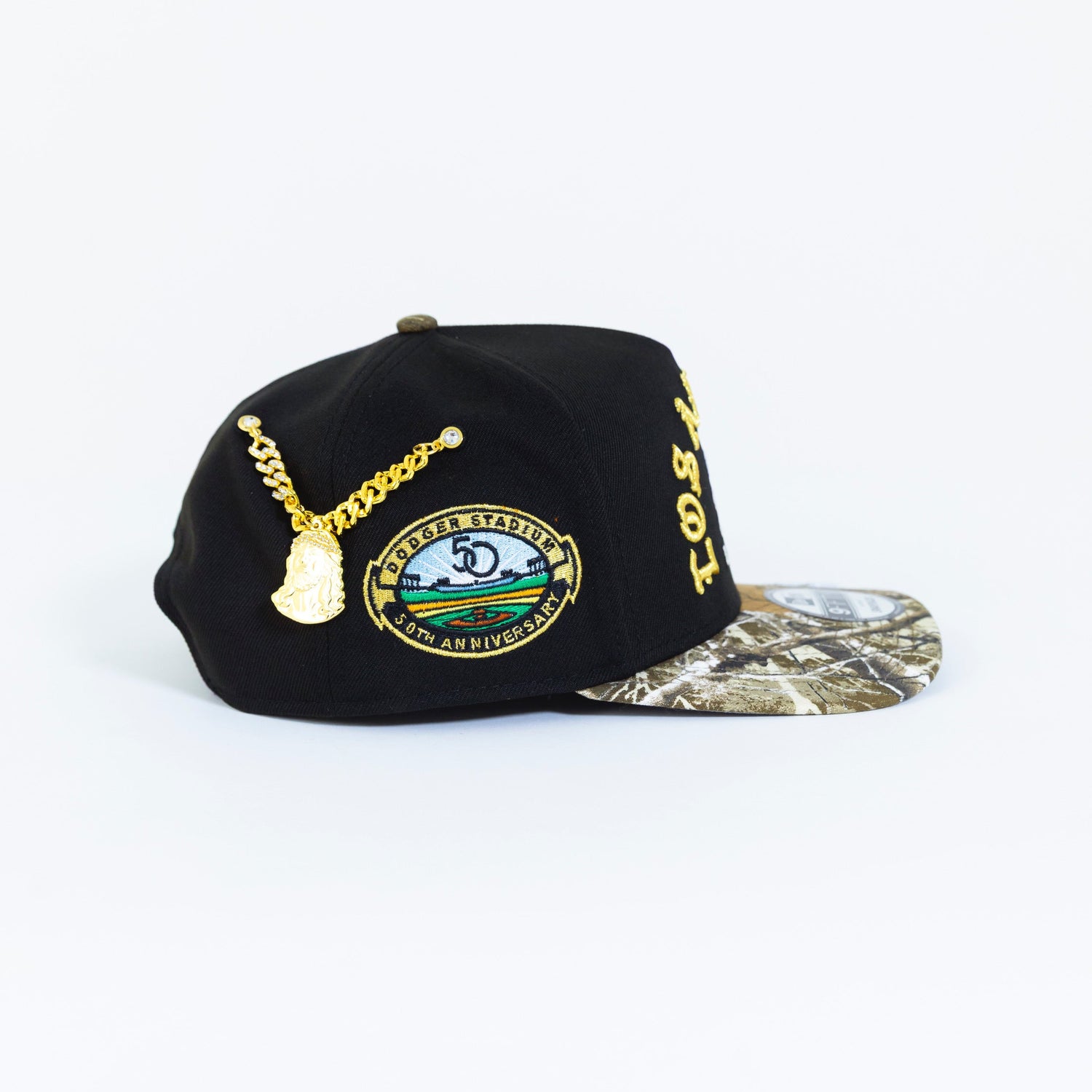 NEW ERA EXCLUSIVE 9FIFTY A-FRAME BLACK/ REALTREE LOS ANGELES DODGERS W/ "1958 MLB SCRIPT" + 50TH ANNIVERSARY SIDE PATCH