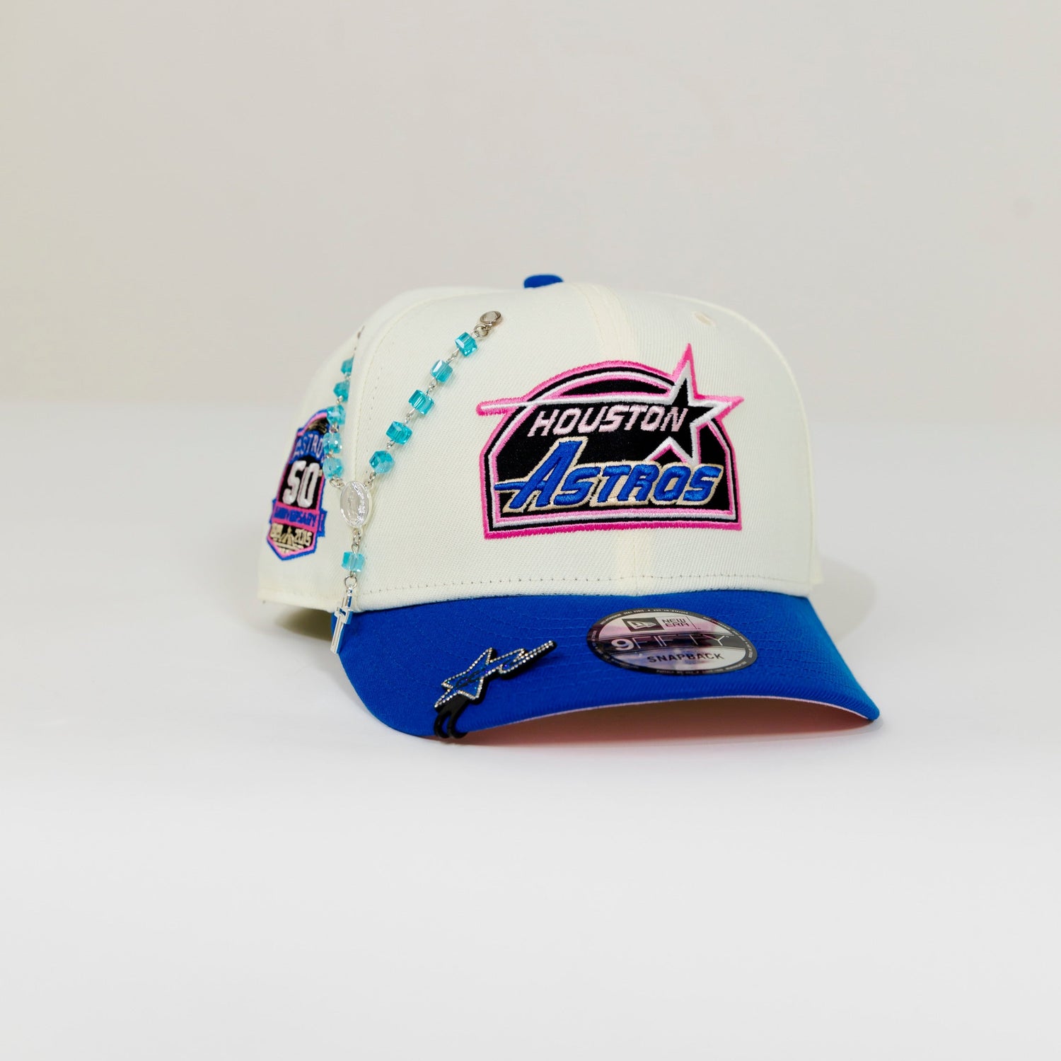 NEW ERA EXCLUSIVE 9FIFTY CHROME/ BLUE HOUSTON ASTROS SNAPBACK W/ 50TH ANNIVERSARY SIDE PATCH
