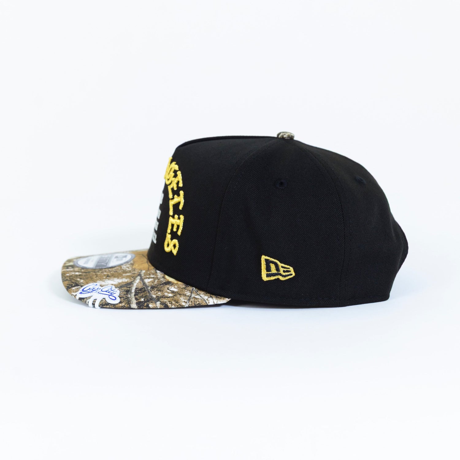 NEW ERA EXCLUSIVE 9FIFTY A-FRAME BLACK/ REALTREE LOS ANGELES DODGERS W/ "1958 MLB SCRIPT" + 50TH ANNIVERSARY SIDE PATCH