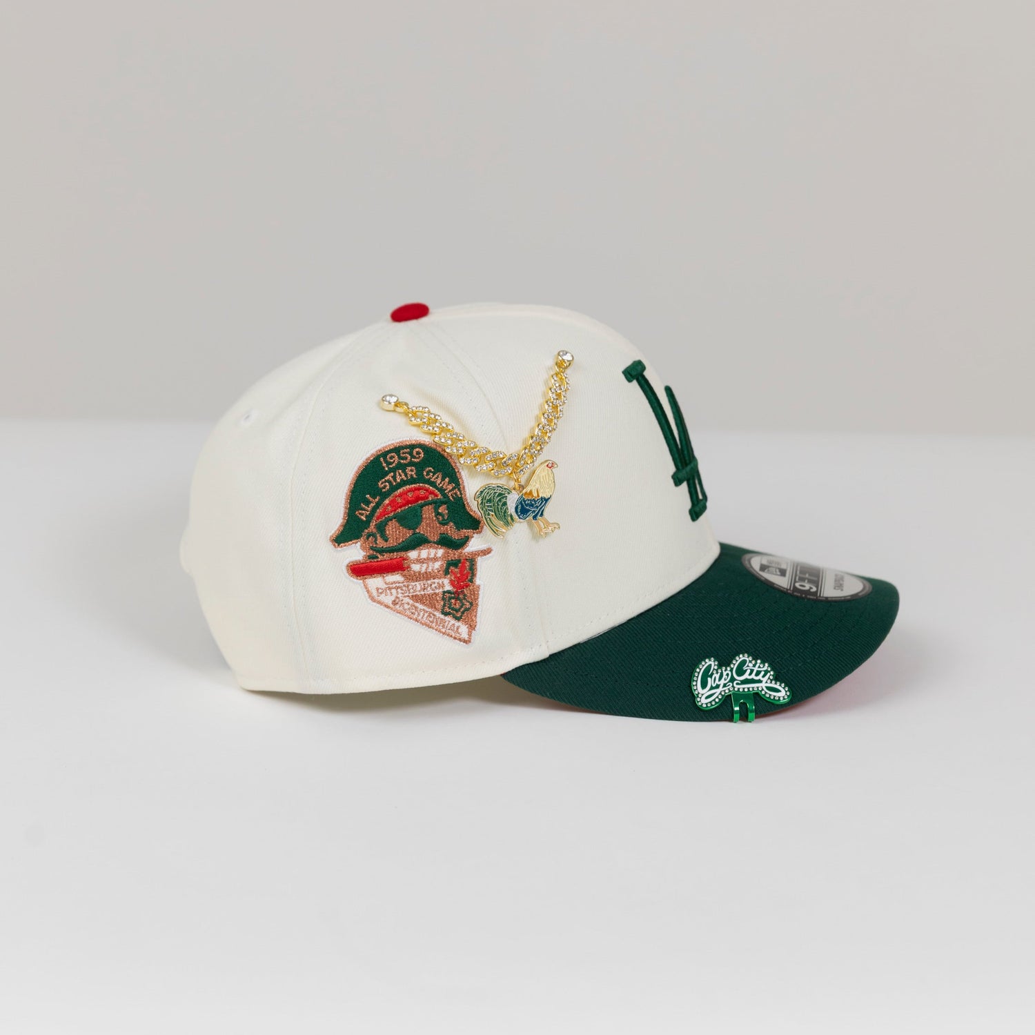 NEW ERA EXCLUSIVE 9FIFTY CHROME/ FOREST GREEN LOS ANGELES DODGERS SNAPBACK W/ 1959 ALL STAR GAME SIDE PATCH