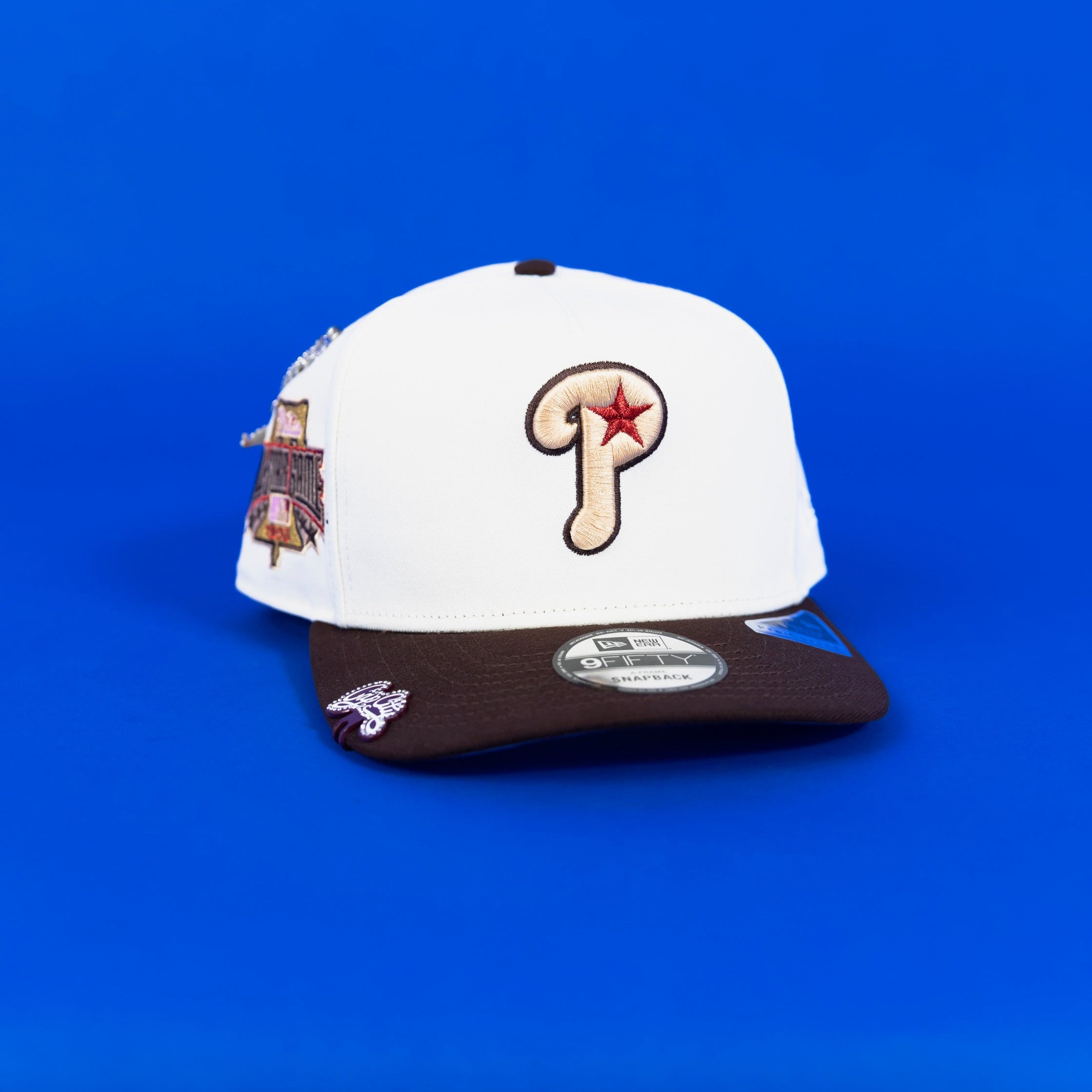 NEW ERA EXCLUSIVE 9FIFTY A-FRAME CHROME/ BROWN PHILADELPHIA PHILLIES SNAPBACK W/ 1996 ALL STAR GAME PATCH