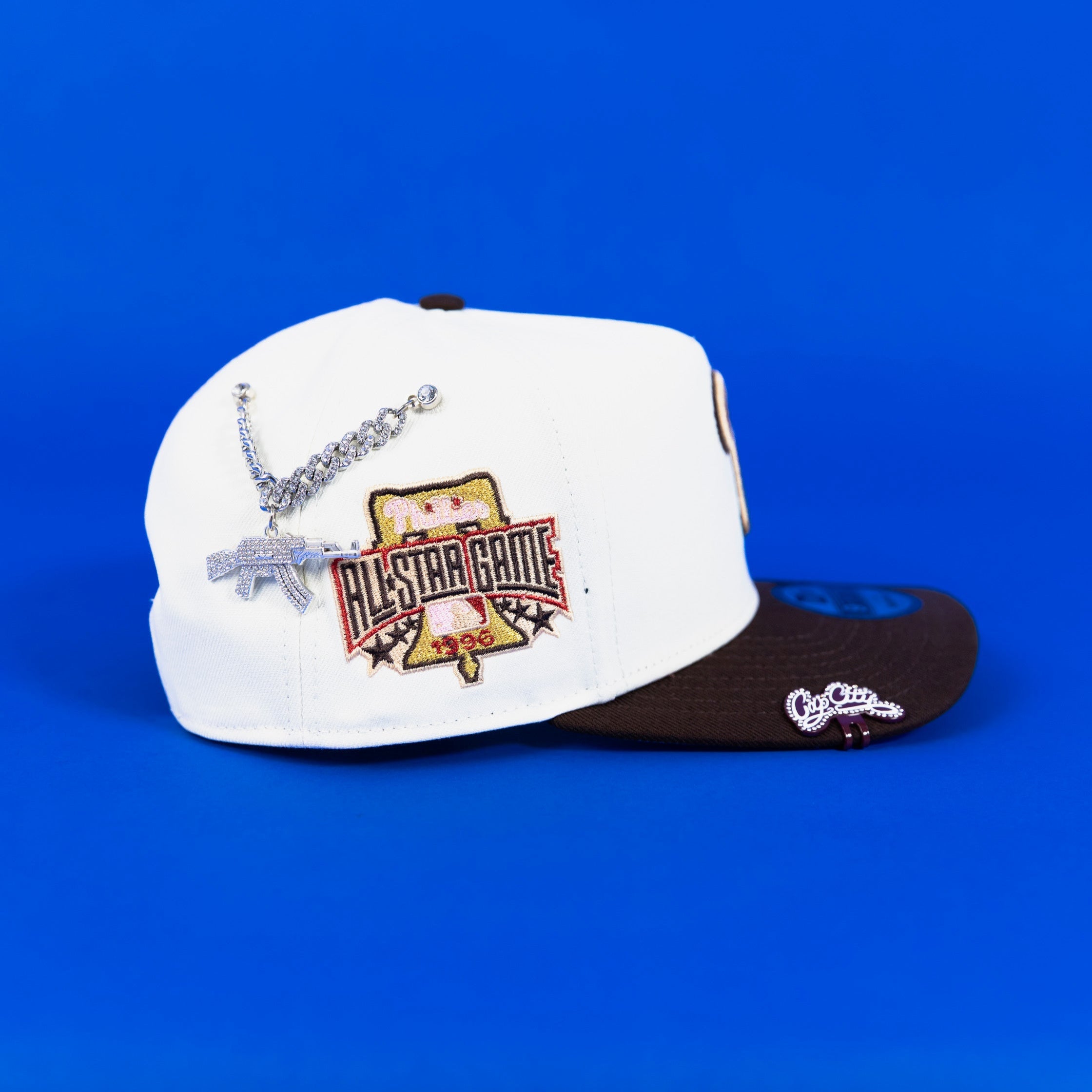 NEW ERA EXCLUSIVE 9FIFTY A-FRAME CHROME/ BROWN PHILADELPHIA PHILLIES SNAPBACK W/ 1996 ALL STAR GAME PATCH