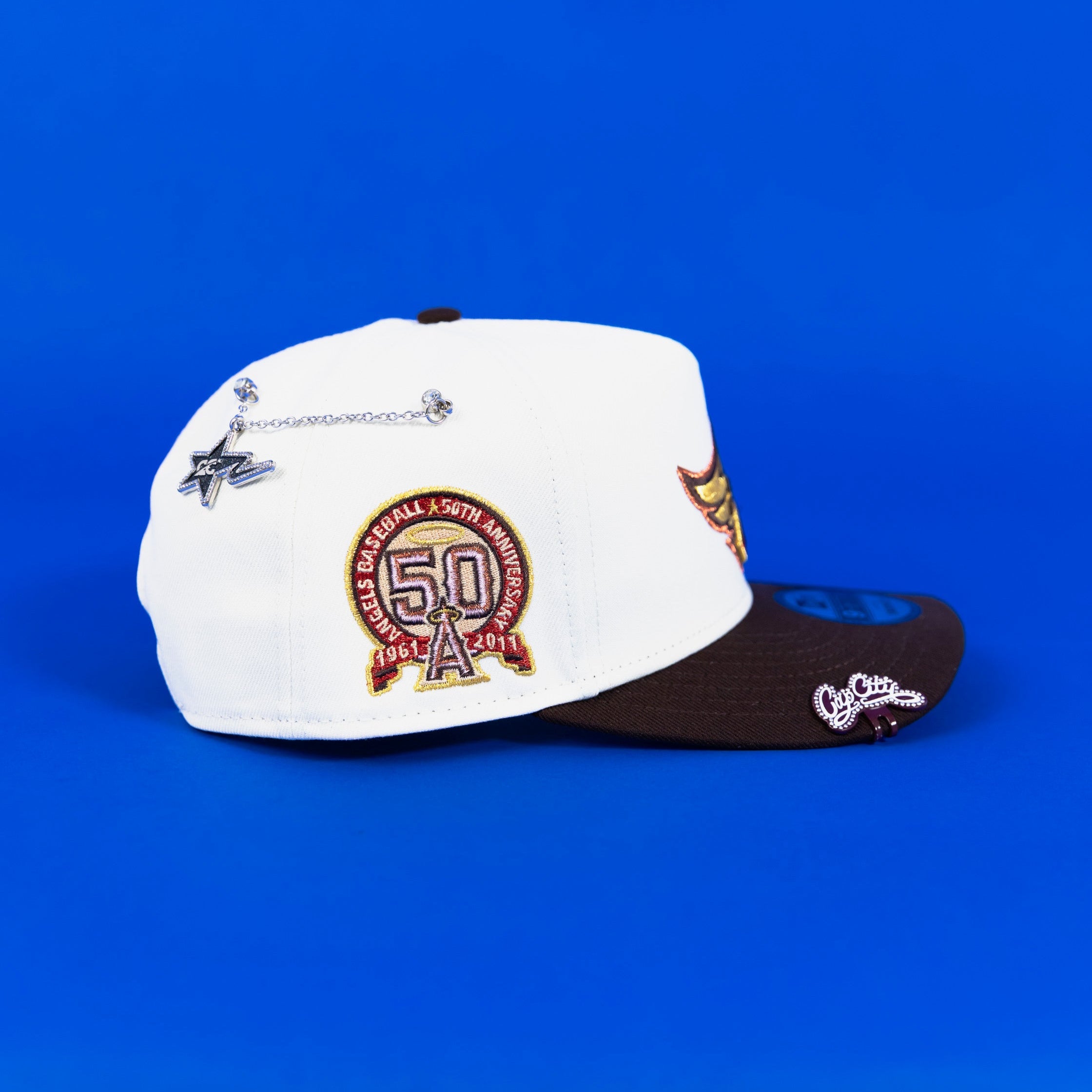 NEW ERA 9FIFTY A-FRAME CHROME/ BROWN ANAHEIM ANGELS SNAPBACK W/ 50TH ANNIVERSARY SIDE PATCH