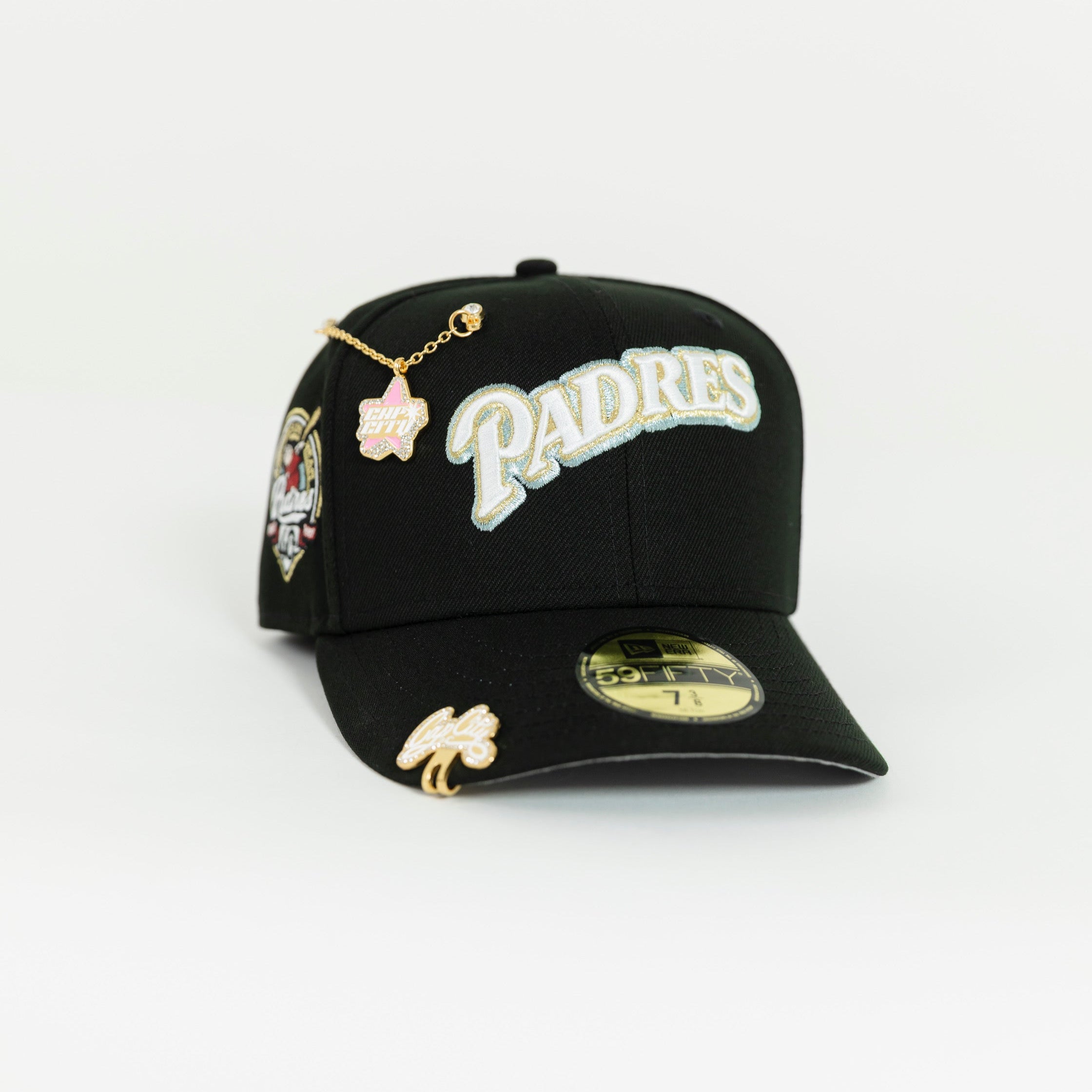 NEW ERA EXCLUSIVE 59FIFTY BLACK SAN DIEGO PADRES SCRIPT W/ 40TH ANNIVERSARY SIDE PATCH