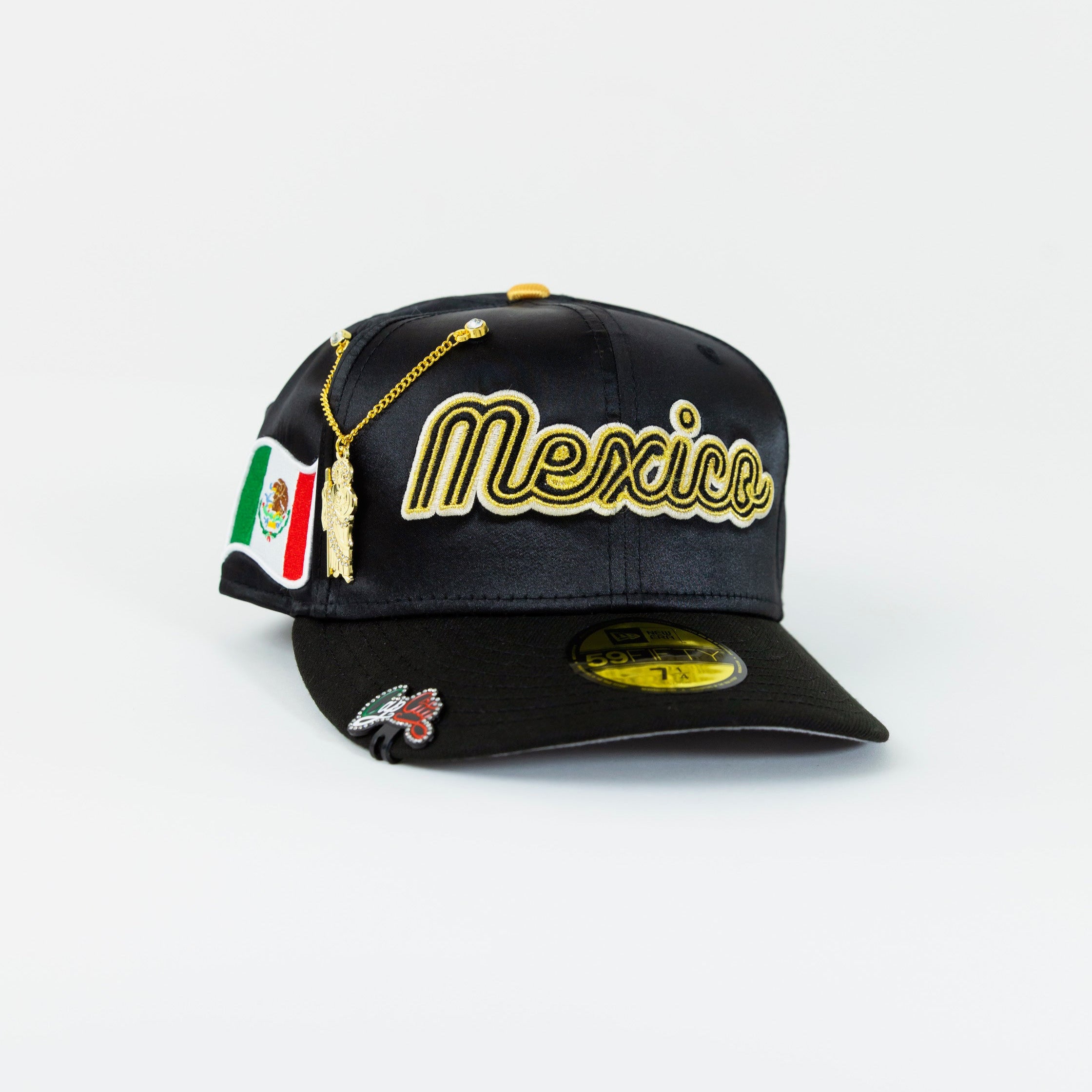 NEW ERA EXCLUSIVE 59FIFTY BLACK SATIN MEXICO SCRIPT W/ MEXICO FLAG SIDE PATCH