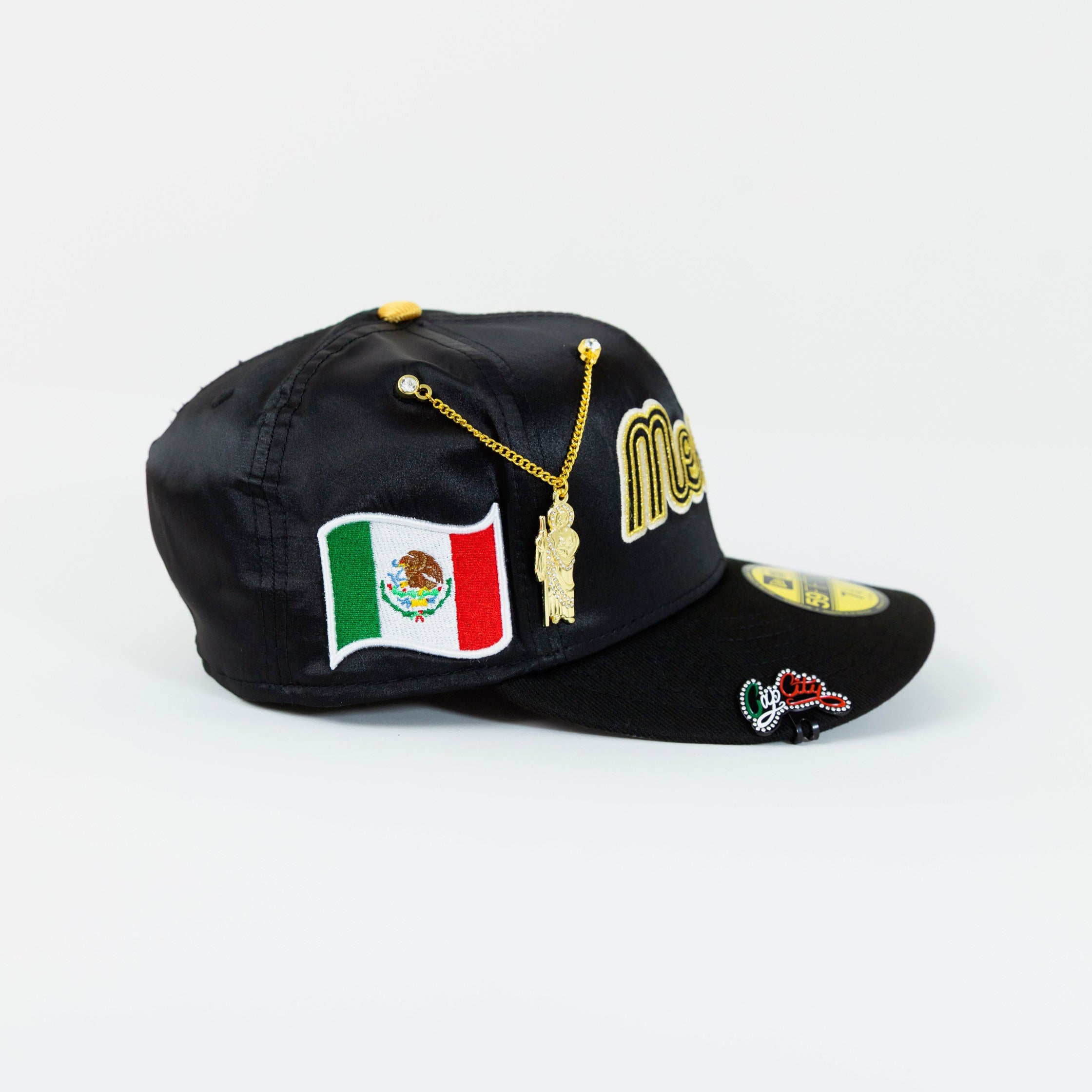 NEW ERA EXCLUSIVE 59FIFTY BLACK SATIN MEXICO SCRIPT W/ MEXICO FLAG SIDE PATCH