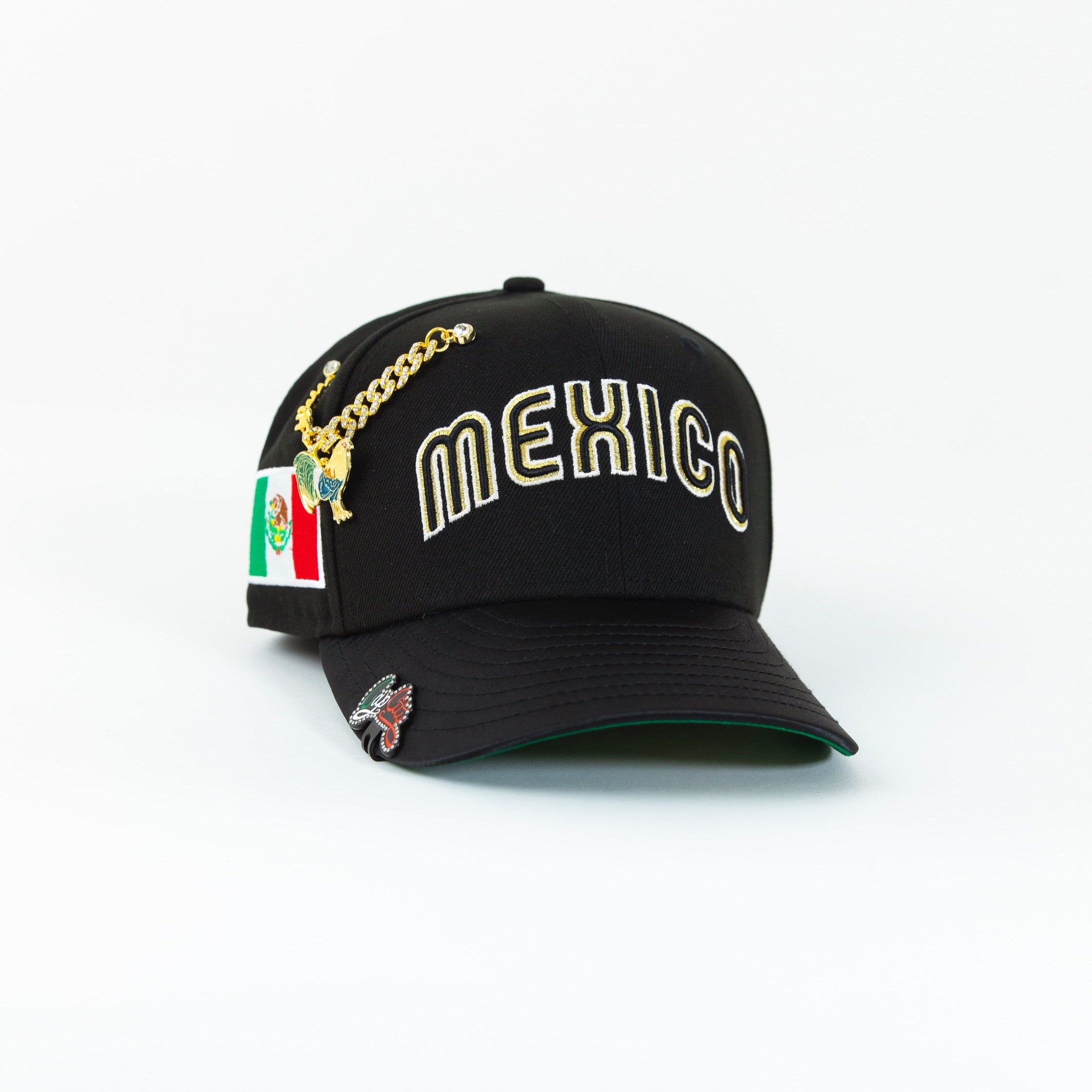 NEW ERA EXCLUSIVE 59FIFTY BLACK/ SATIN MEXICO SCRIPT W/ MEXICO FLAG SIDE PATCH