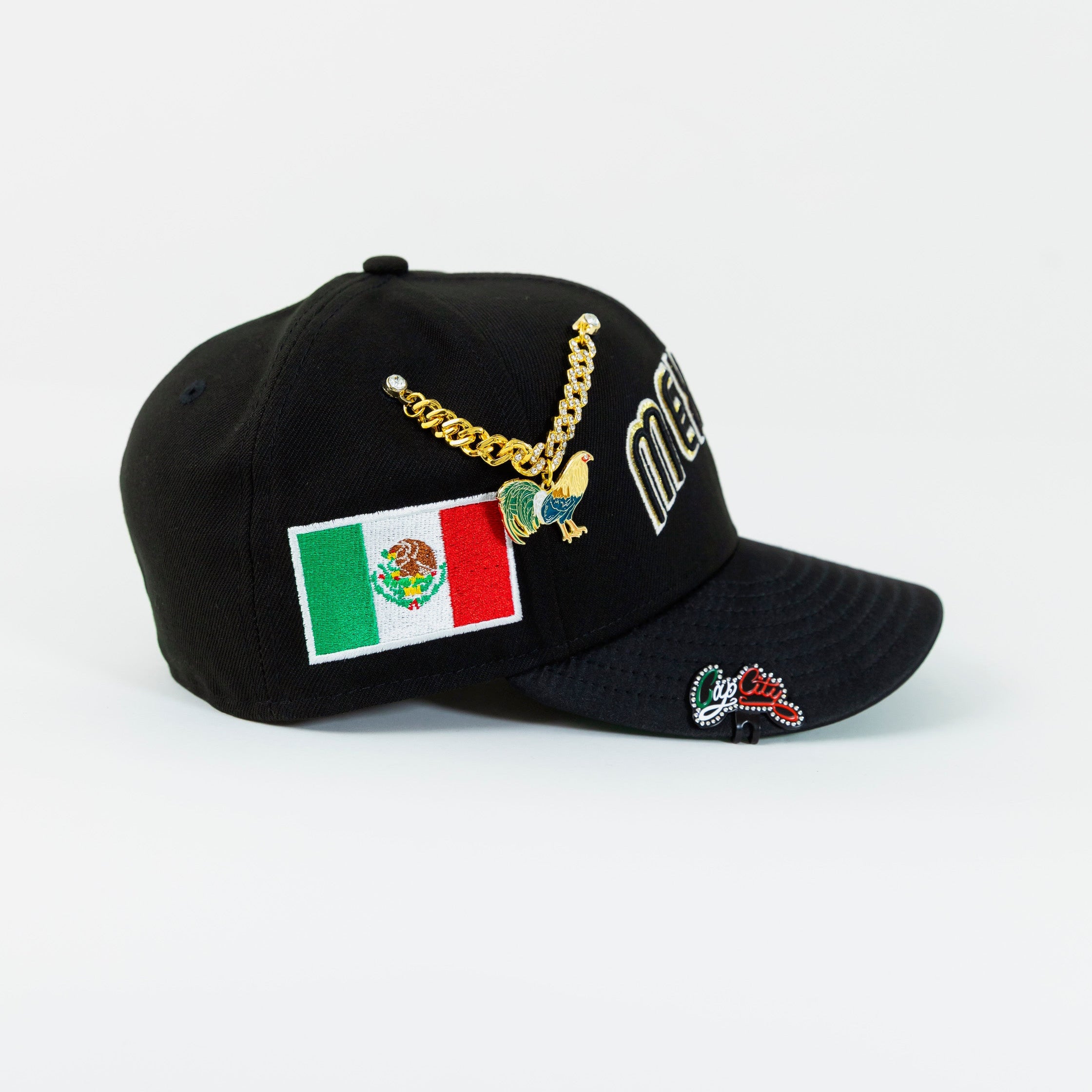 NEW ERA EXCLUSIVE 59FIFTY BLACK/ SATIN MEXICO SCRIPT W/ MEXICO FLAG SIDE PATCH