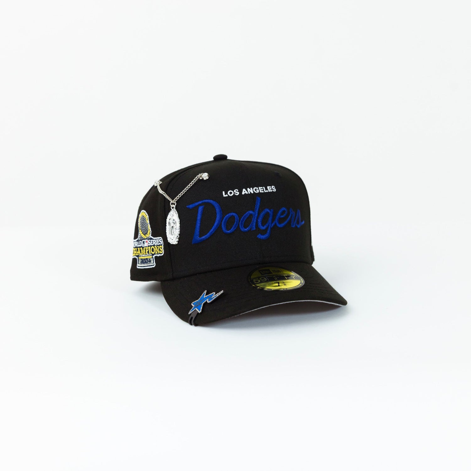 NEW ERA 59FIFTY BLACK LOS ANGELES DODGERS SCRIPT W/ 2024 WORLD SERIES CHAMPIONS SIDE PATCH