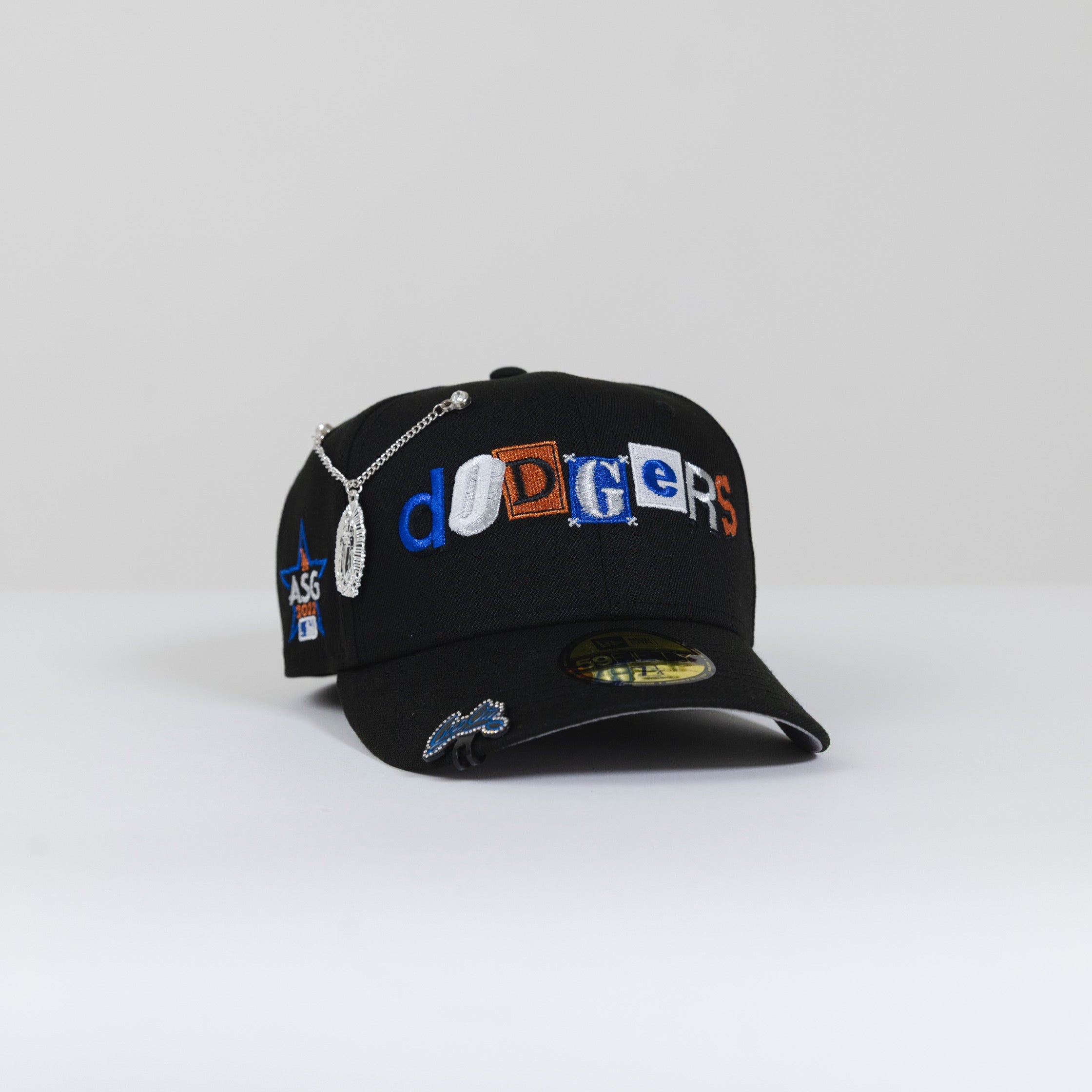NEW ERA 59FIFTY BLACK LOS ANGELES DODGERS SCRIPT W/ BOX FONT + 2022 ALL STAR GAME SIDE PATCH