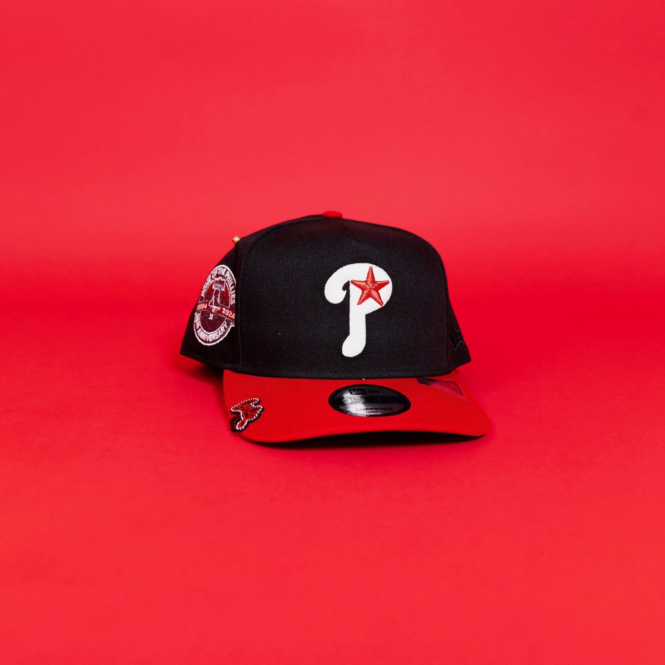 NEW ERA EXCLUSIVE 9FIFTY A-FRAME BLACK/ RED PHILADELPHIA PHILLIES SNAPBACK W/ 20TH ANNIVERSARY SIDE PATCH
