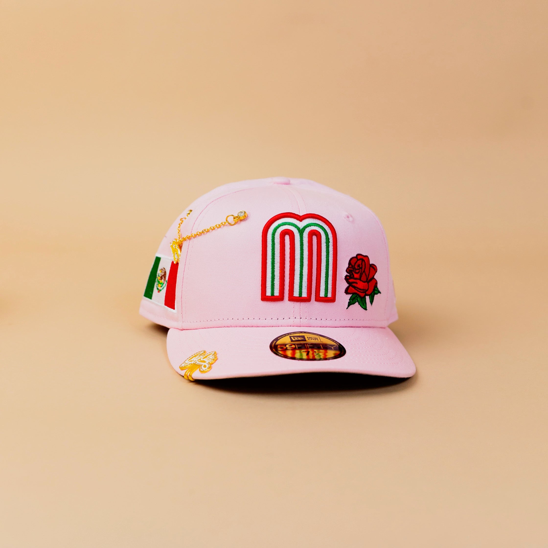 NEW ERA EXCLUSIVE 59FIFTY PINK MEXICO W/ RED ROSE + MEXICO FLAG SIDE PATCH
