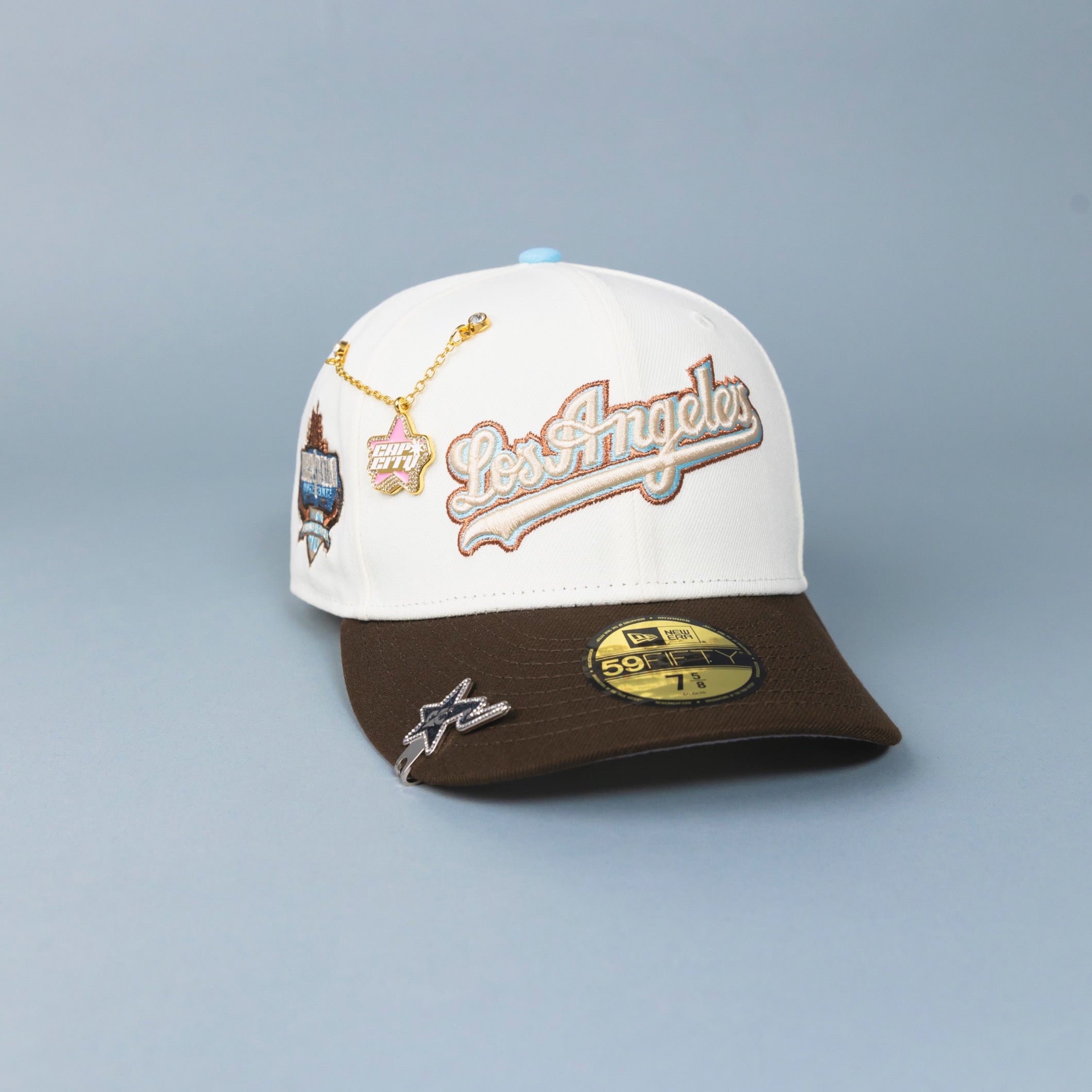 NEW ERA EXCLUSIVE 59FIFTY CHROME/ BROWN LOS ANGELES DODGERS SCRIPT W/ 40TH ANNIVERSARY SIDE PATCH