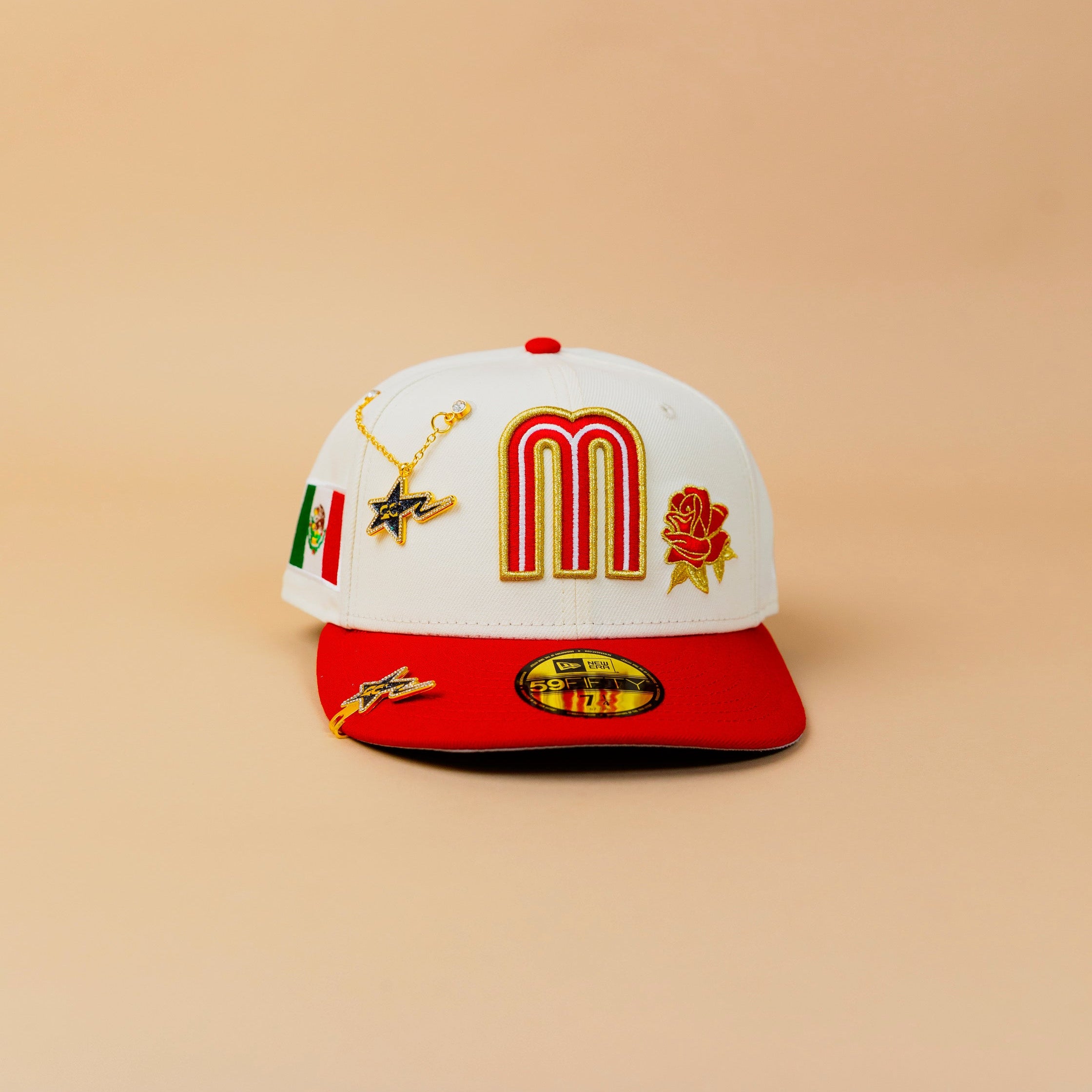 NEW ERA EXCLUSIVE 59FIFTY CHROME/ RED MEXICO W/ ROSES + MEXICO FLAG SIDE PATCH