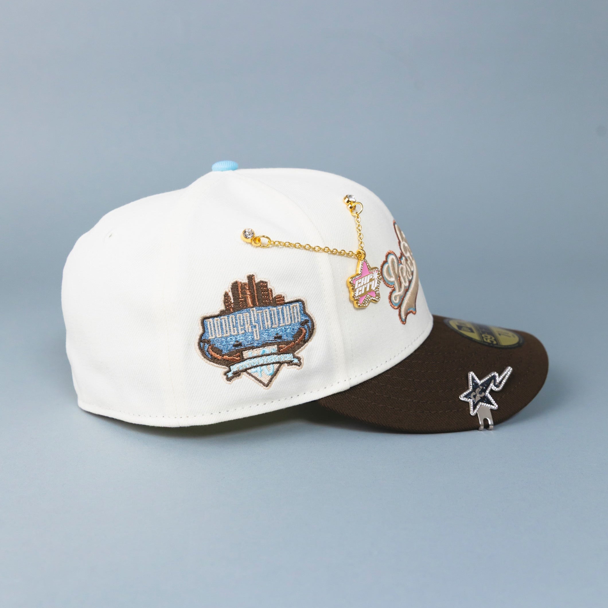 NEW ERA EXCLUSIVE 59FIFTY CHROME/ BROWN LOS ANGELES DODGERS SCRIPT W/ 40TH ANNIVERSARY SIDE PATCH