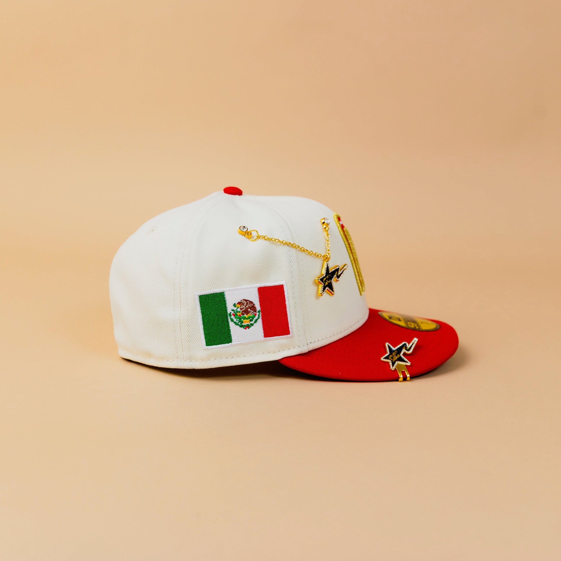NEW ERA EXCLUSIVE 59FIFTY CHROME/ RED MEXICO W/ ROSES + MEXICO FLAG SIDE PATCH