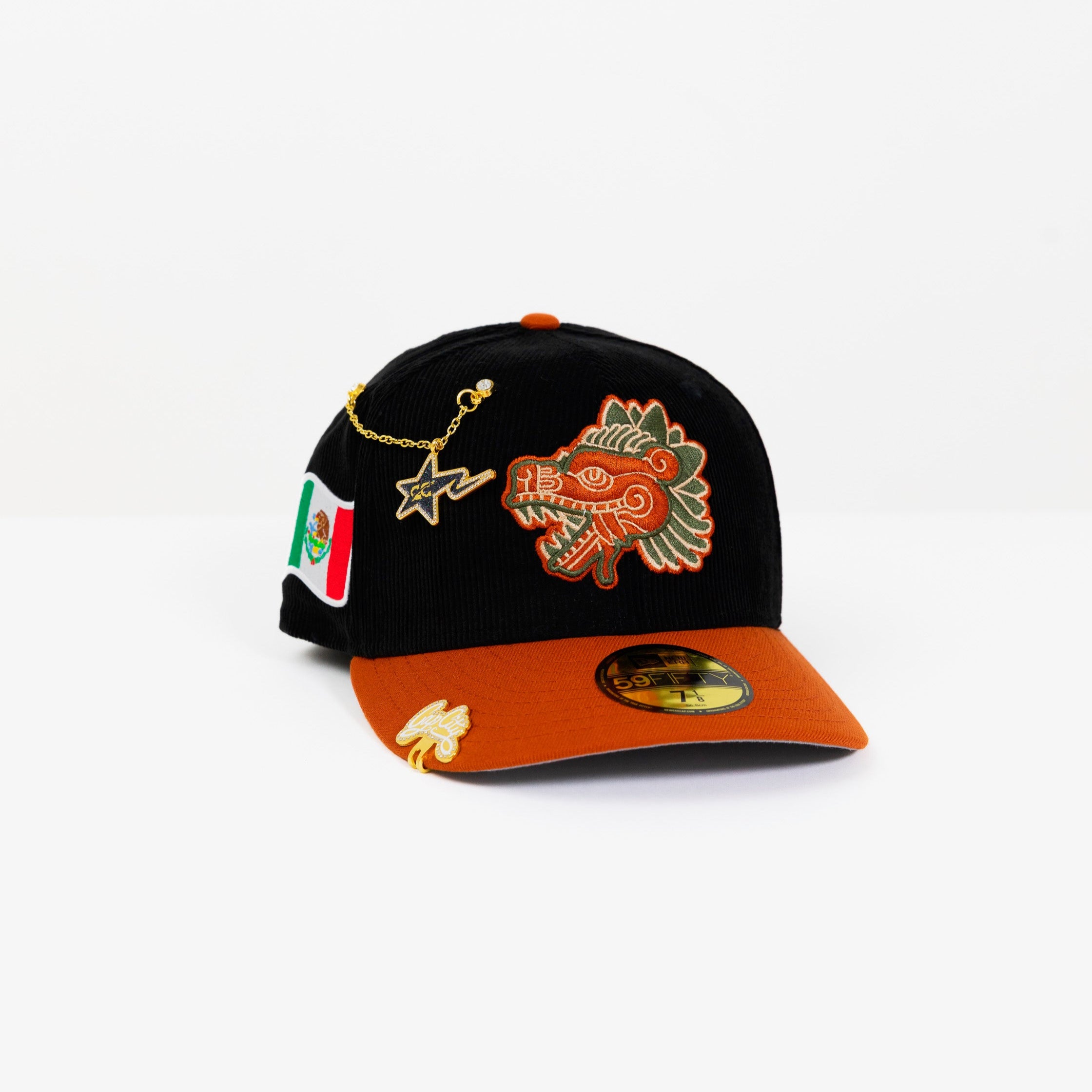 NEW ERA EXCLUSIVE 59FIFTY CORDUROY/ RUST MEXICO "QUETZALCOATL" W/ MEXICO FLAG SIDE PATCH