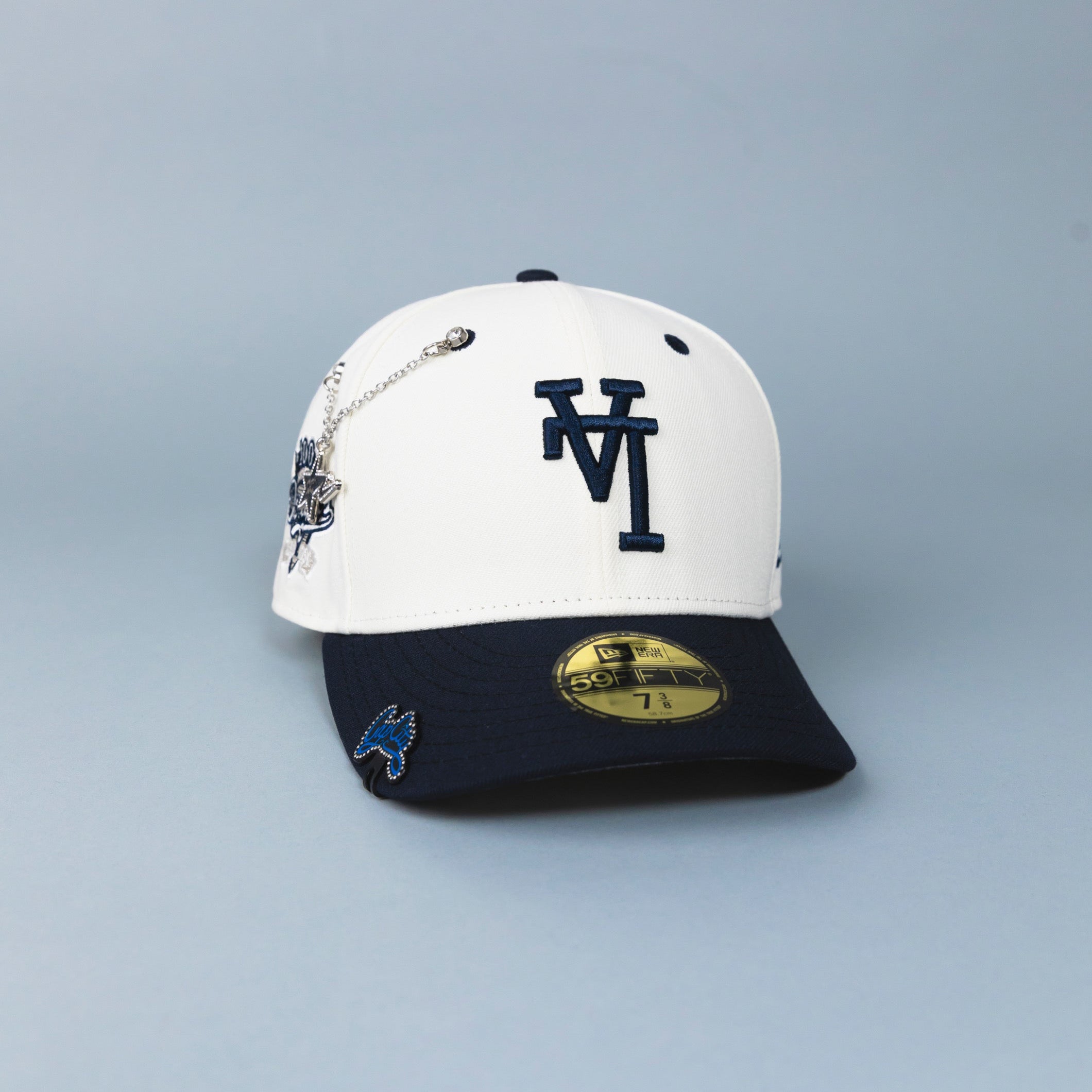 NEW ERA EXCLUSIVE 59FIFTY CHROME/ NAVY UPSIDE DOWN LOS ANGELES DODGERS W/ 100TH ANNIVERSARY SIDE PATCH