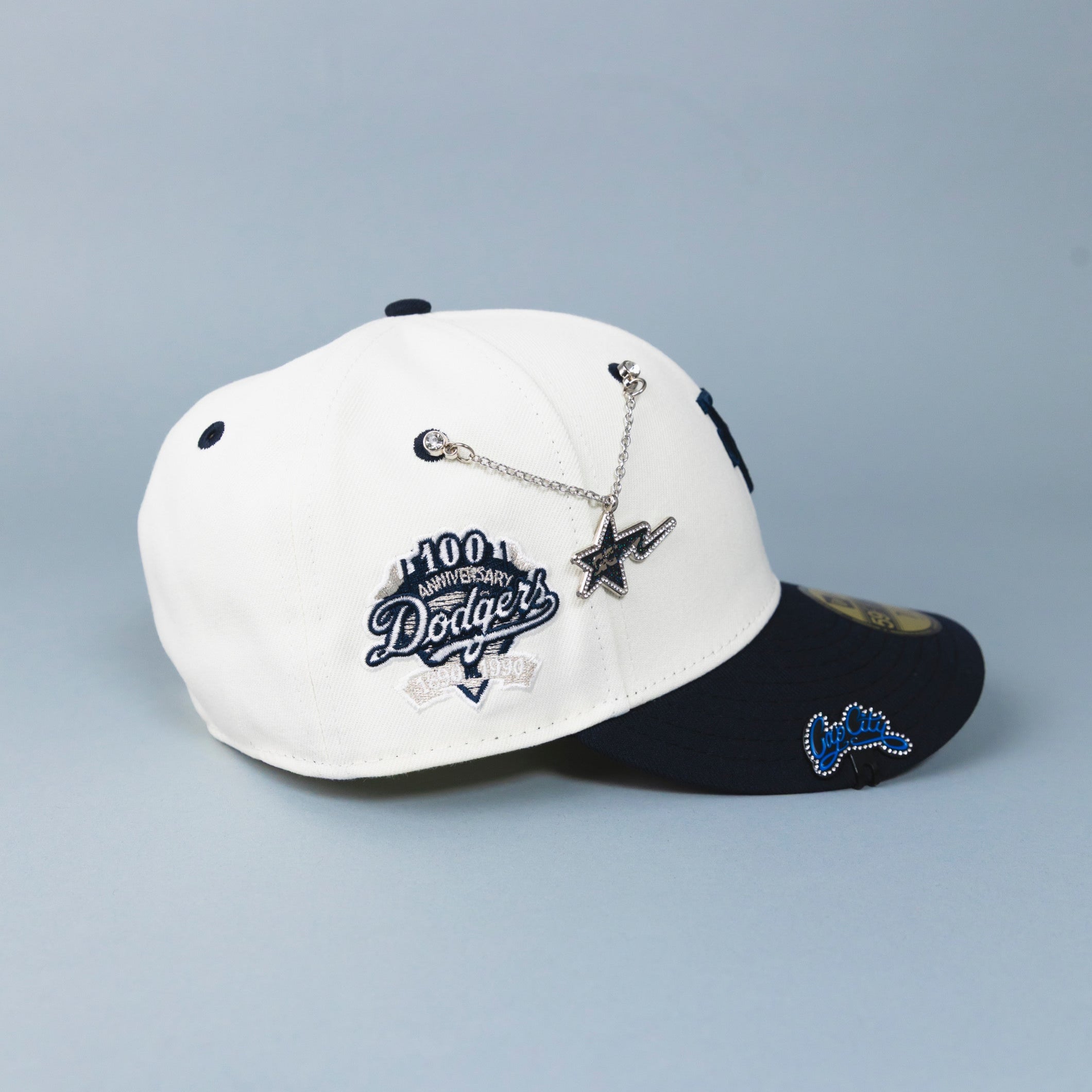 NEW ERA EXCLUSIVE 59FIFTY CHROME/ NAVY UPSIDE DOWN LOS ANGELES DODGERS W/ 100TH ANNIVERSARY SIDE PATCH
