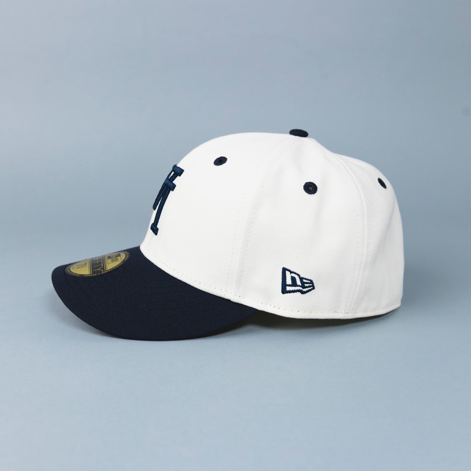 NEW ERA EXCLUSIVE 59FIFTY CHROME/ NAVY UPSIDE DOWN LOS ANGELES DODGERS W/ 100TH ANNIVERSARY SIDE PATCH