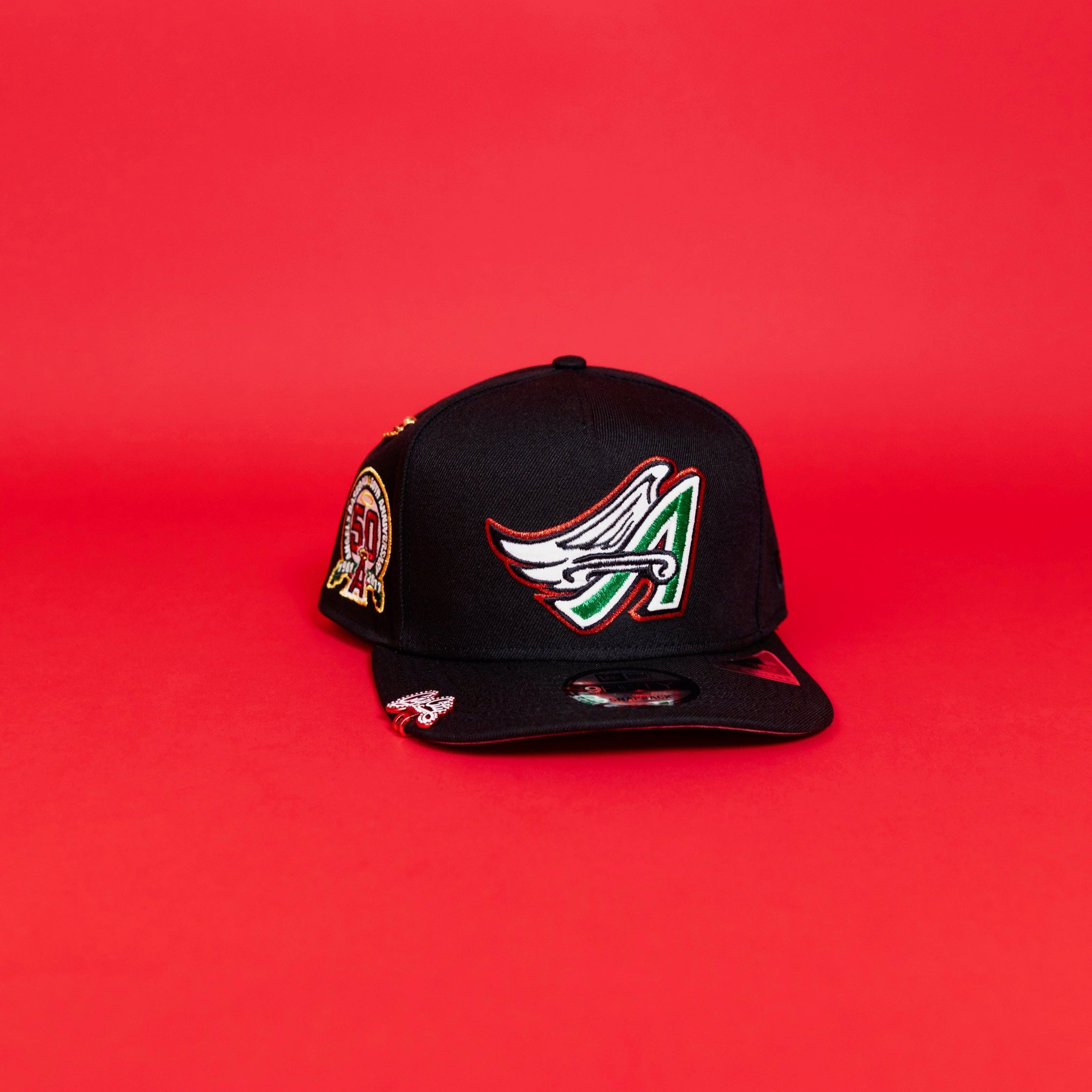 NEW ERA 9FIFTY A-FRAME BLACK ANAHEIM ANGELS SNAPBACK W/ 50TH ANNIVERSARY SIDE PATCH