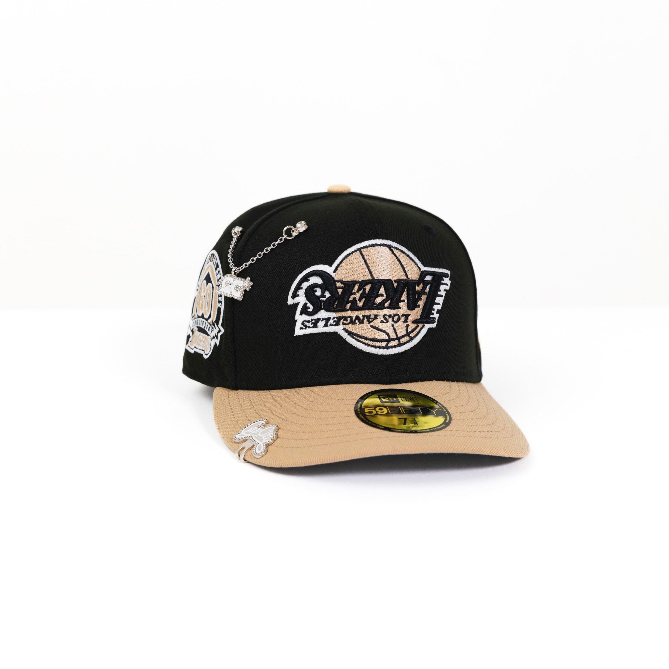 NEW ERA EXCLUSIVE 59FIFTY BLACK/KHAKI UPSIDE DOWN "LOS ANGELES LAKERS" W/ 60TH ANNIVERSARY SIDE PATCH