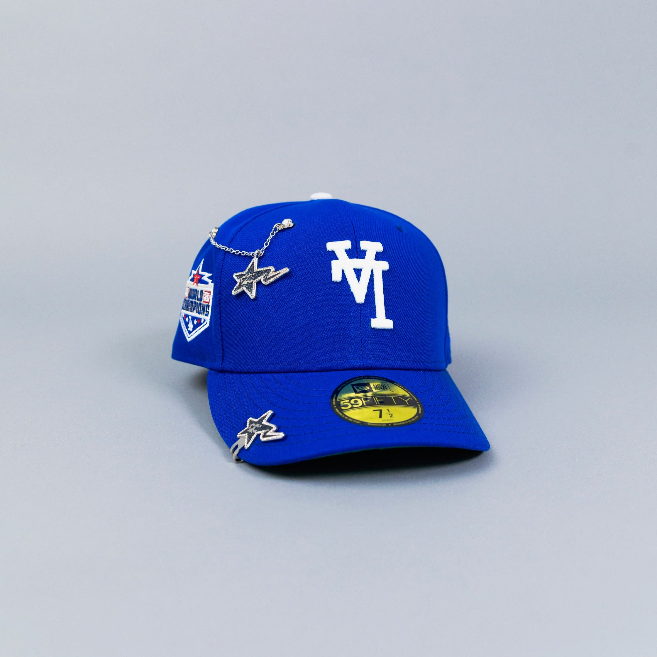 NEW ERA EXCLUSIVE 59FIFTY BLUE UPSIDE DOWN LOS ANGELES DODGERS W/ 2020 WORLD CHAMPIONS SIDE PATCH