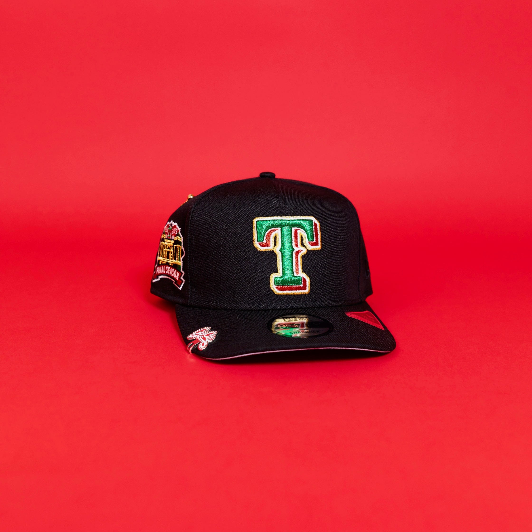 NEW ERA EXCLUSIVE 9FIFTY A-FRAME BLACK TEXAS RANGERS SNAPBACK W/ FINAL SEASON SIDE PATCH