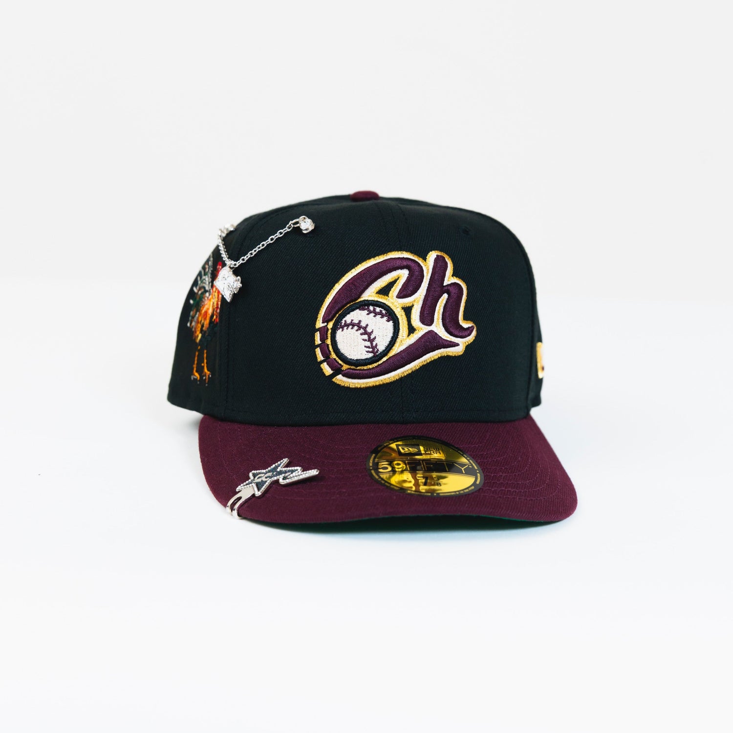 NEW ERA EXCLUSIVE 59FIFTY BLACK/ BURGUNDY CHARROS DE JALISCO W/ EL GALLO SIDE PATCH