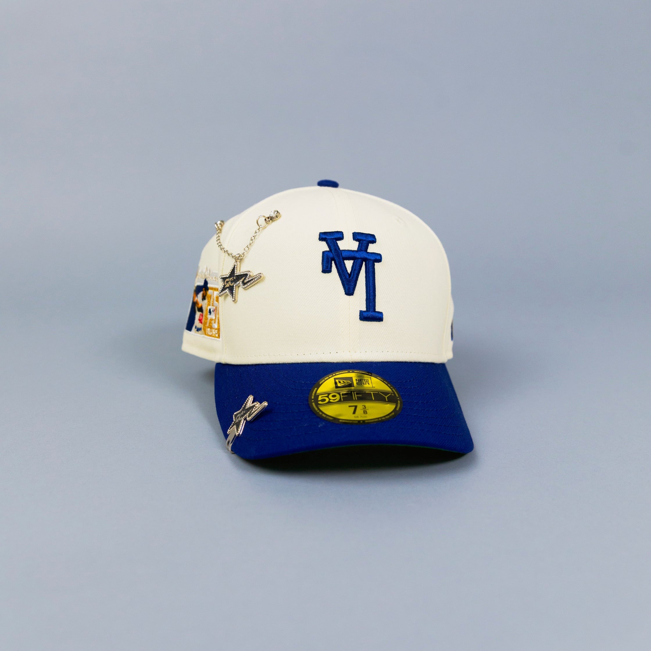 NEW ERA EXCLUSIVE 59FIFTY CHROME/ BLUE UPSIDE DOWN LOS ANGELES DODGERS W/ "JACKIE ROBINSON" SIDE PATCH