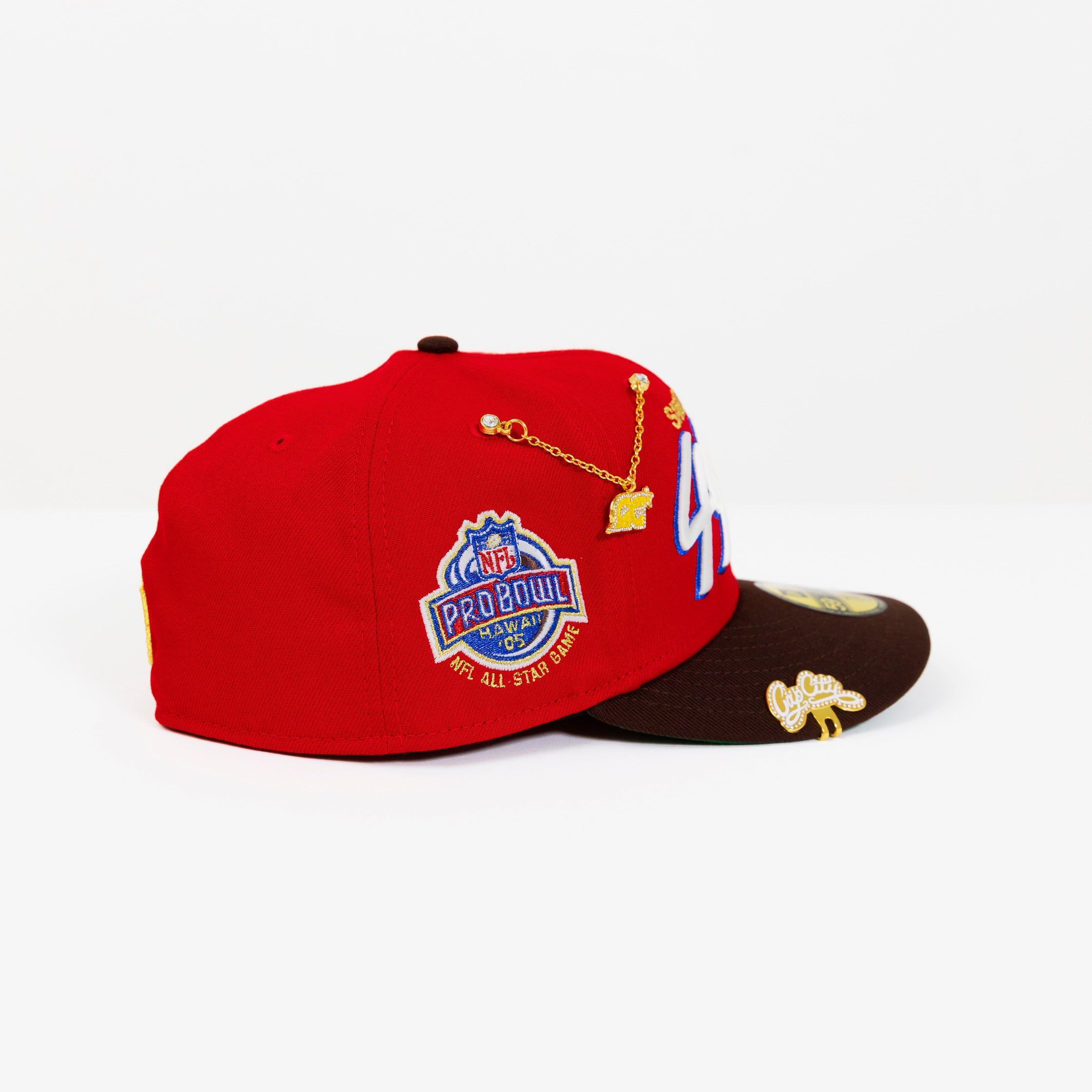 NEW ERA EXCLUSIVE 59FIFTY RED/ WALNUT SAN FRANCISCO "49ERS" SCRIPT W/ PRO BOWL SIDE PATCH