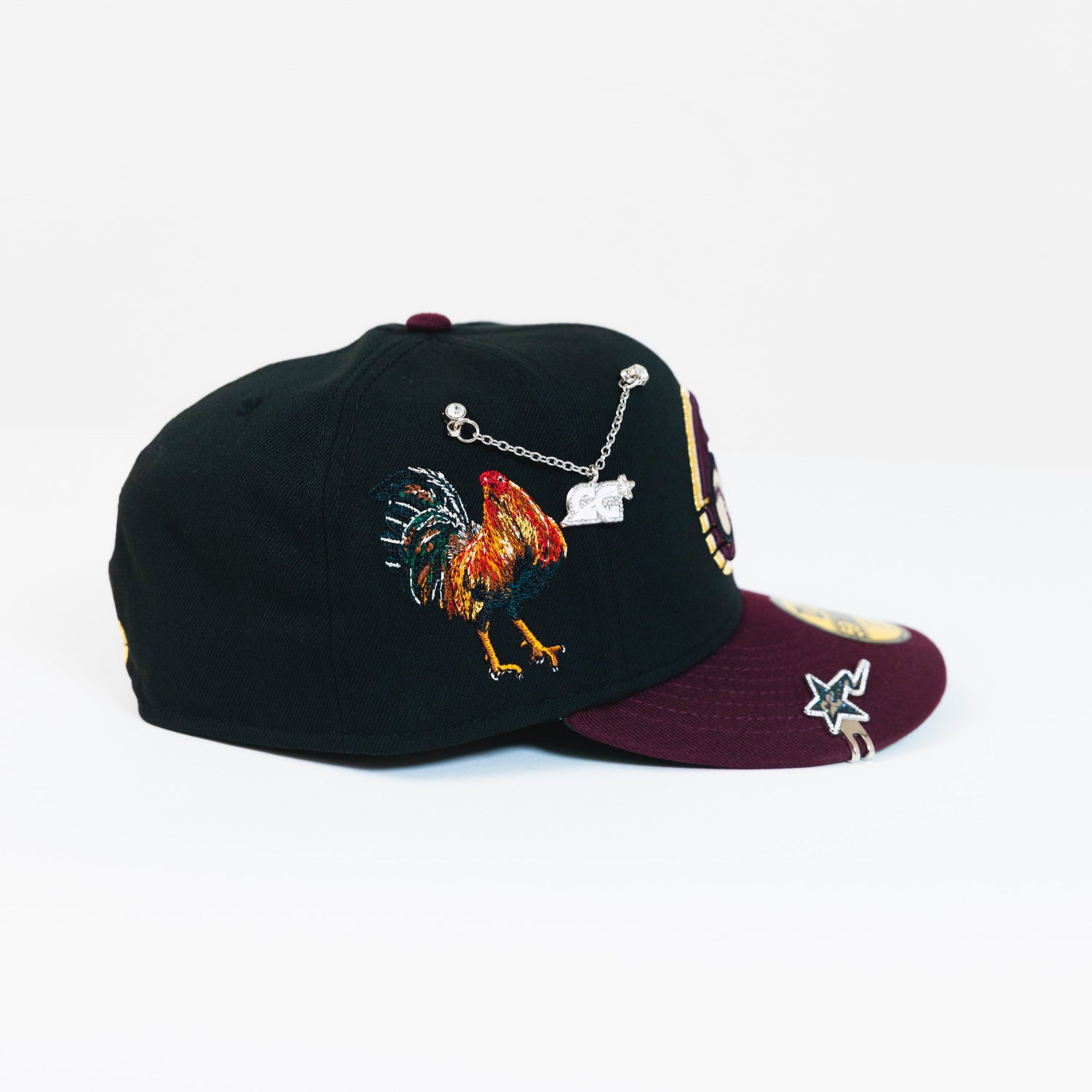 NEW ERA EXCLUSIVE 59FIFTY BLACK/ BURGUNDY CHARROS DE JALISCO W/ EL GALLO SIDE PATCH