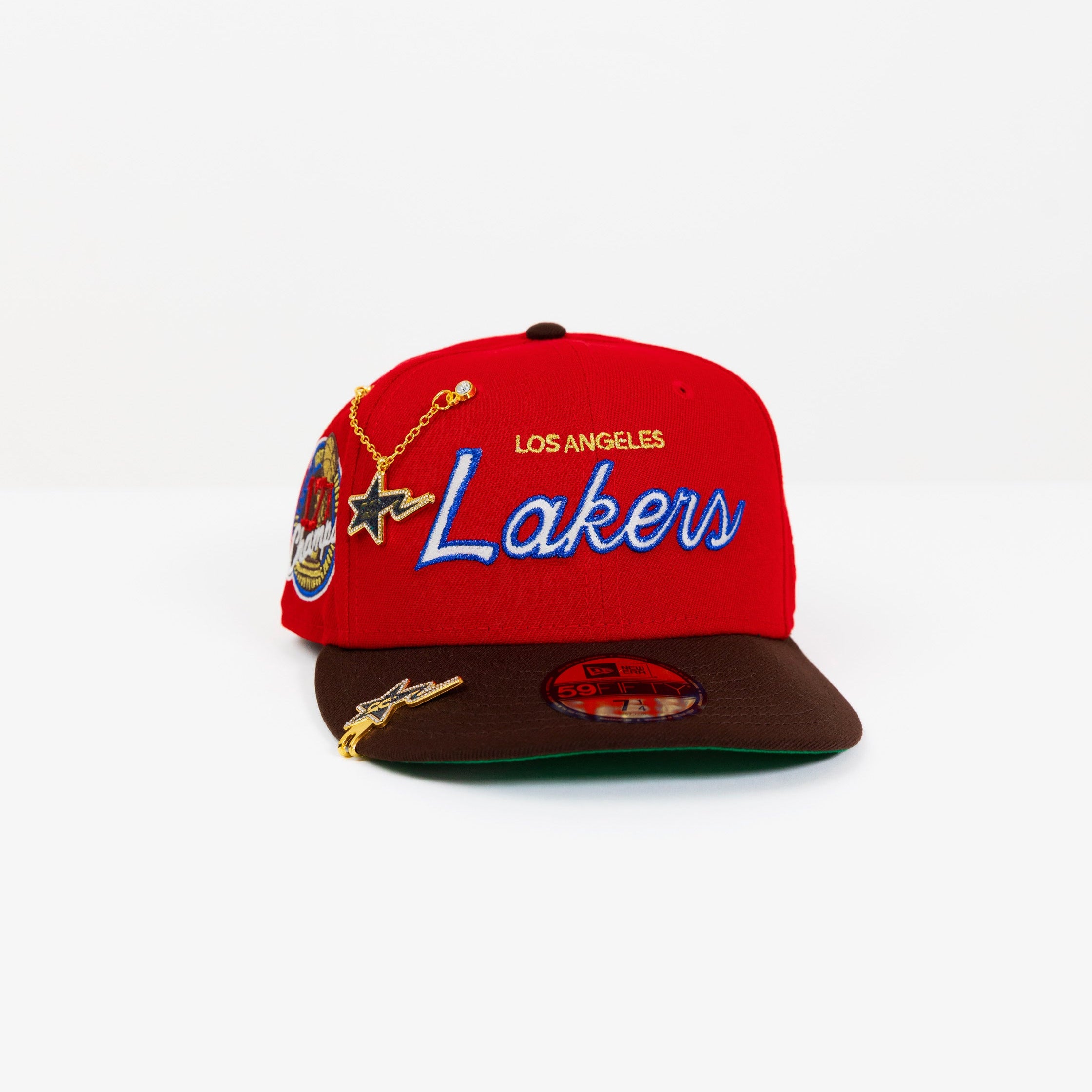 NEW ERA EXCLUSIVE 59FIFTY RED/ WALNUT LOS ANGELES LAKERS SCRIPT W/ 17X CHAMPIONS SIDE PATCH