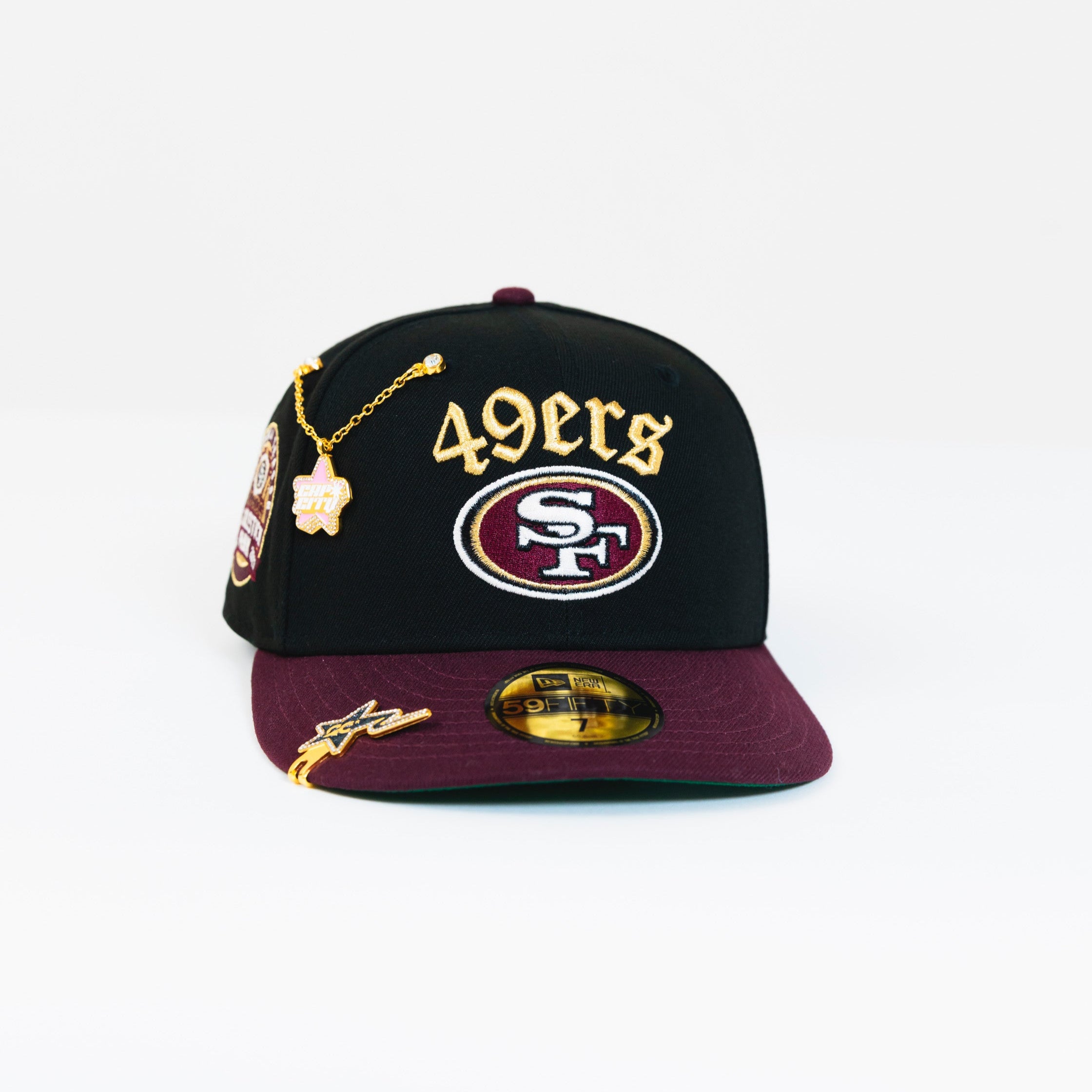 NEW ERA EXCLUSIVE 59FIFTY BLACK/ BURUNDY "SAN FRANCISCO 49ERS" SCRIPT W/ PRO BOWL SIDE PATCH