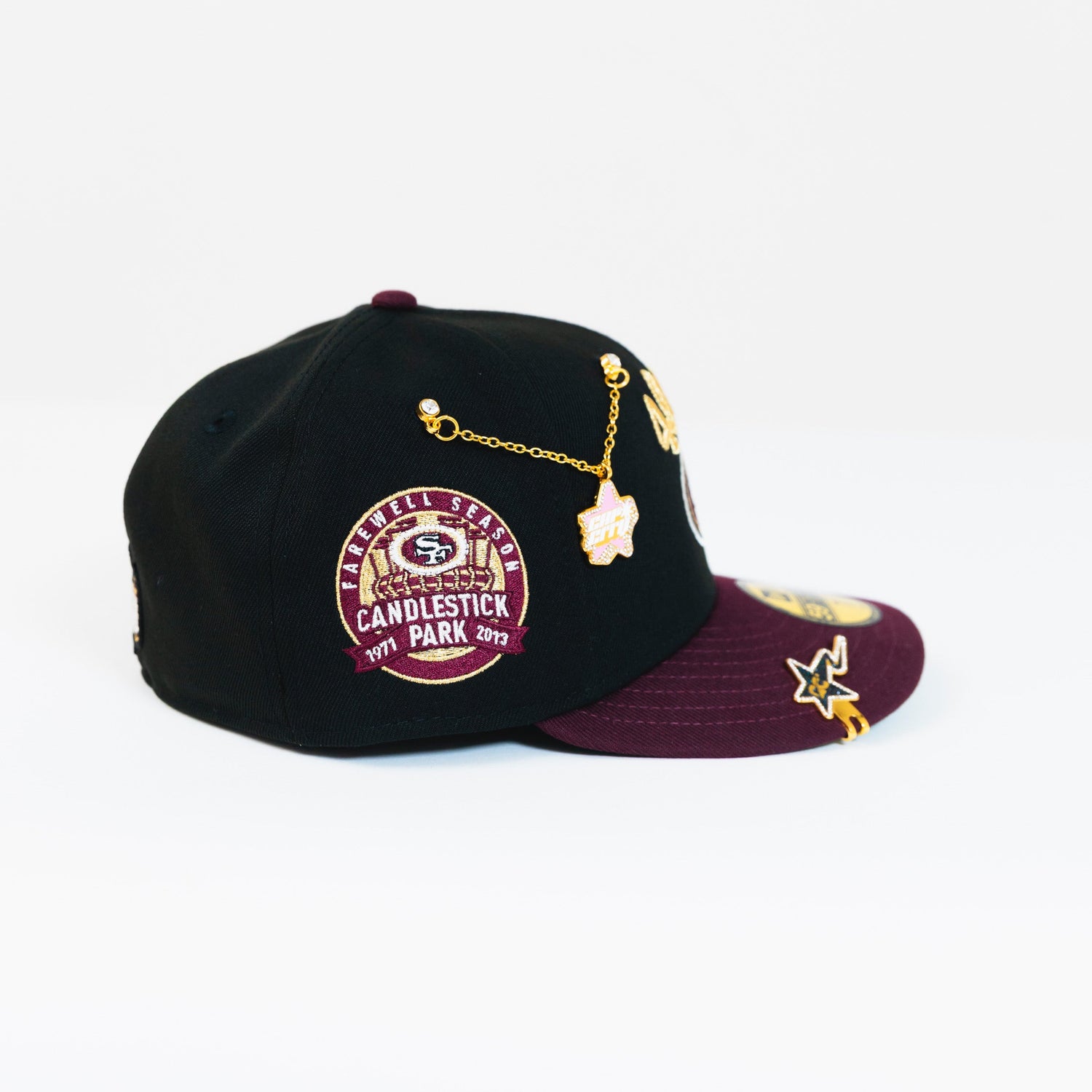 NEW ERA EXCLUSIVE 59FIFTY BLACK/ BURGUNDY "SAN FRANCISCO 49ERS" SCRIPT W/ PRO BOWL SIDE PATCH