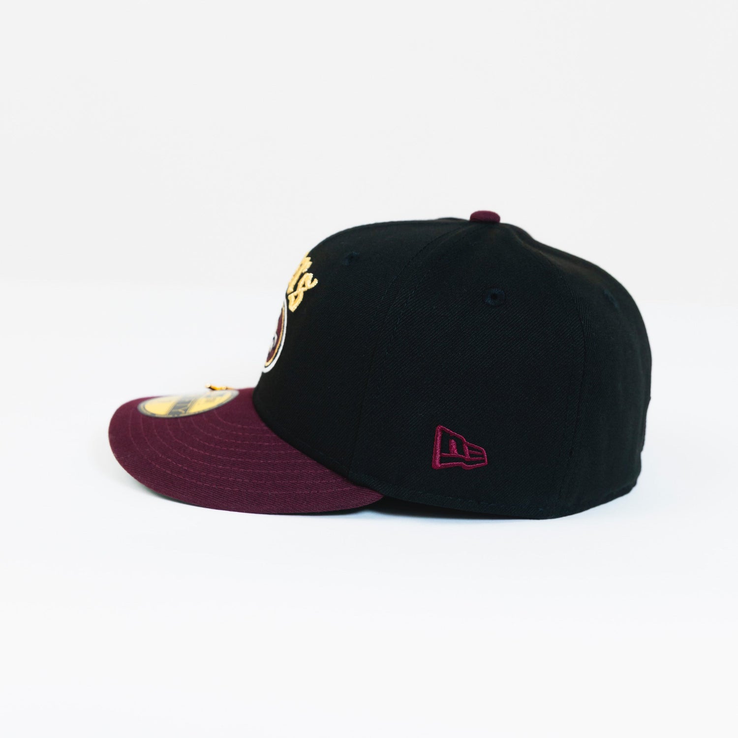 NEW ERA EXCLUSIVE 59FIFTY BLACK/ BURGUNDY "SAN FRANCISCO 49ERS" SCRIPT W/ PRO BOWL SIDE PATCH