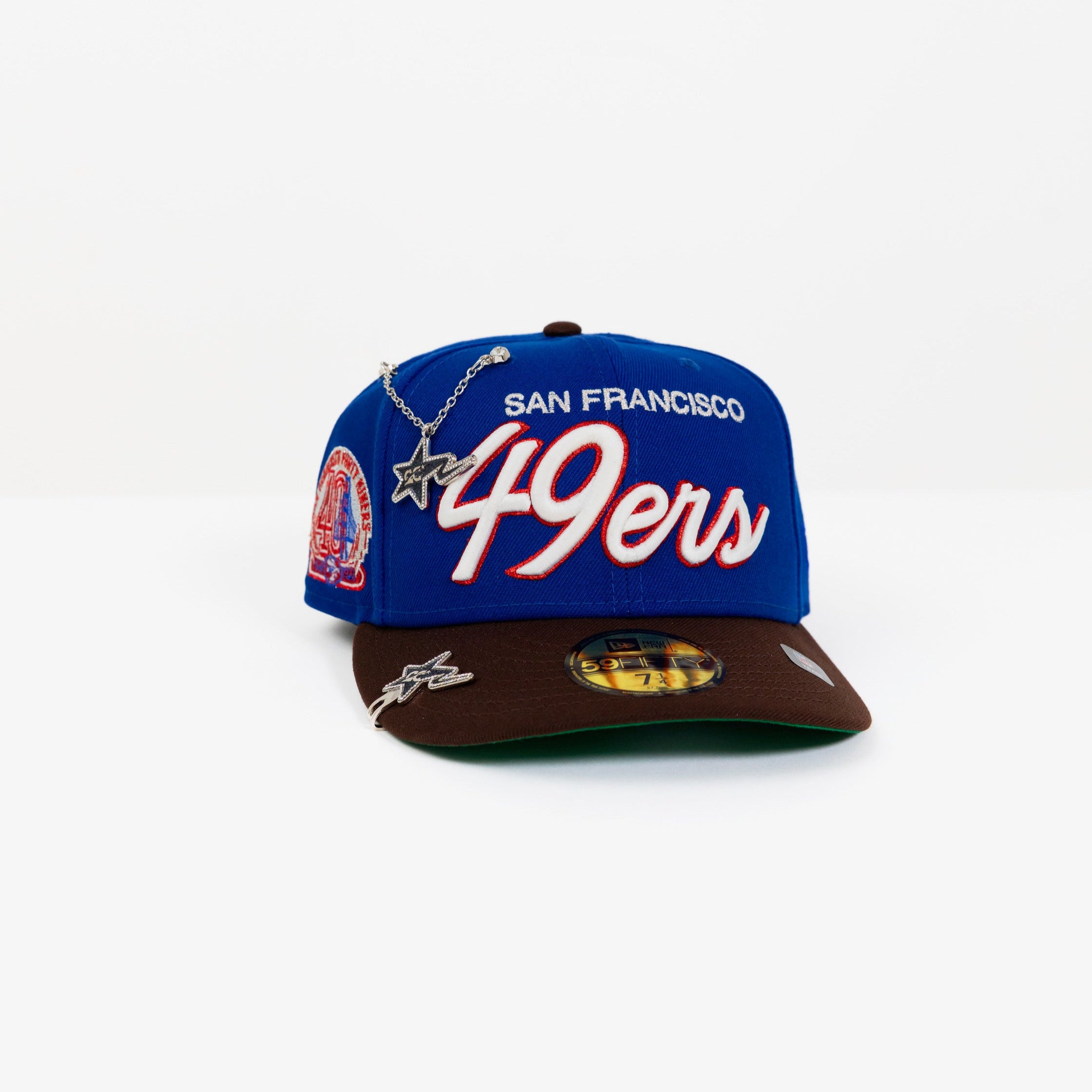 NEW ERA EXCLUSIVE 59FIFTY BLUE/ WALNUT SAN FRANCISCO "49ERS" SCRIPT W/ 40TH ANNIVERSARY SIDE PATCH