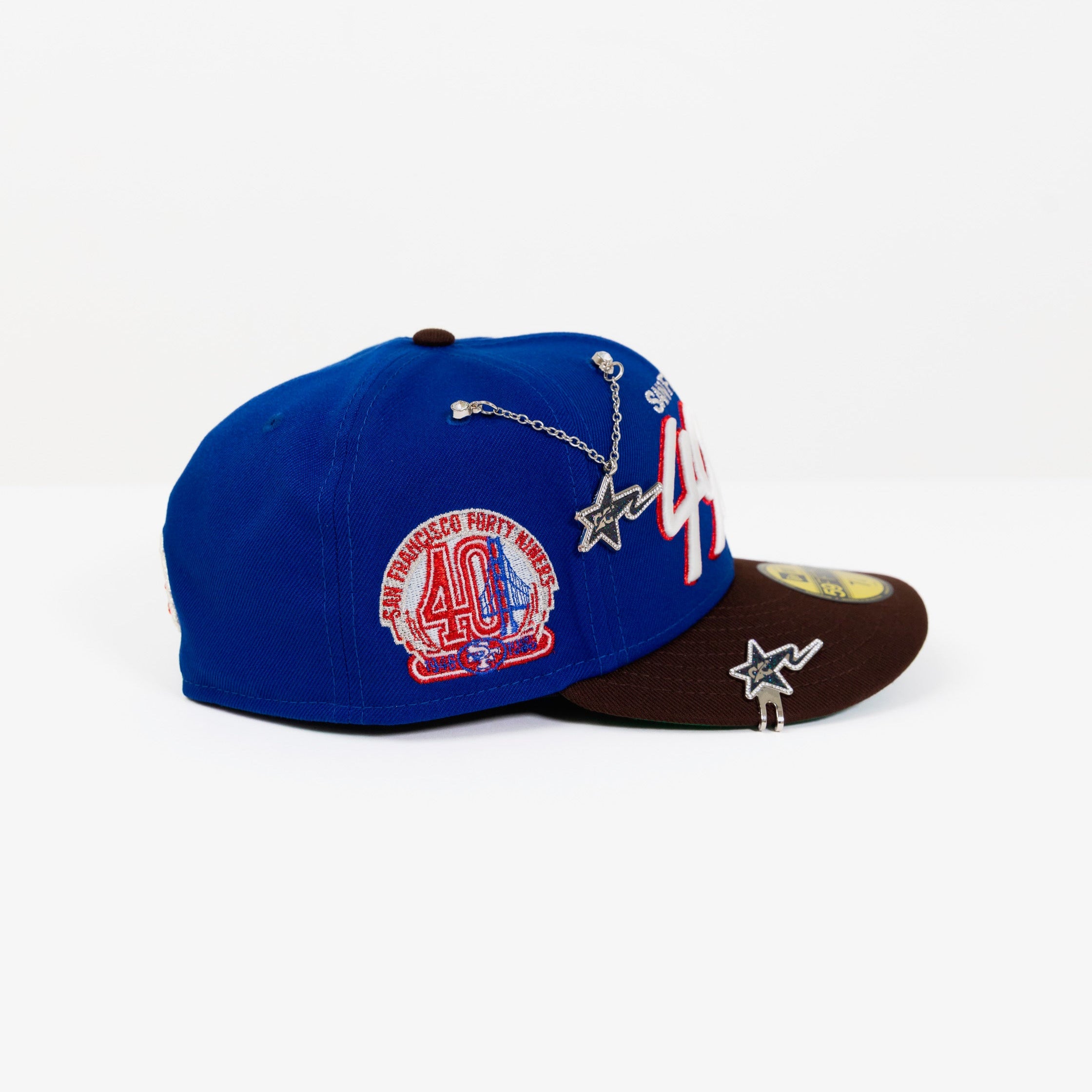 NEW ERA EXCLUSIVE 59FIFTY BLUE/ WALNUT SAN FRANCISCO "49ERS" SCRIPT W/ 40TH ANNIVERSARY SIDE PATCH